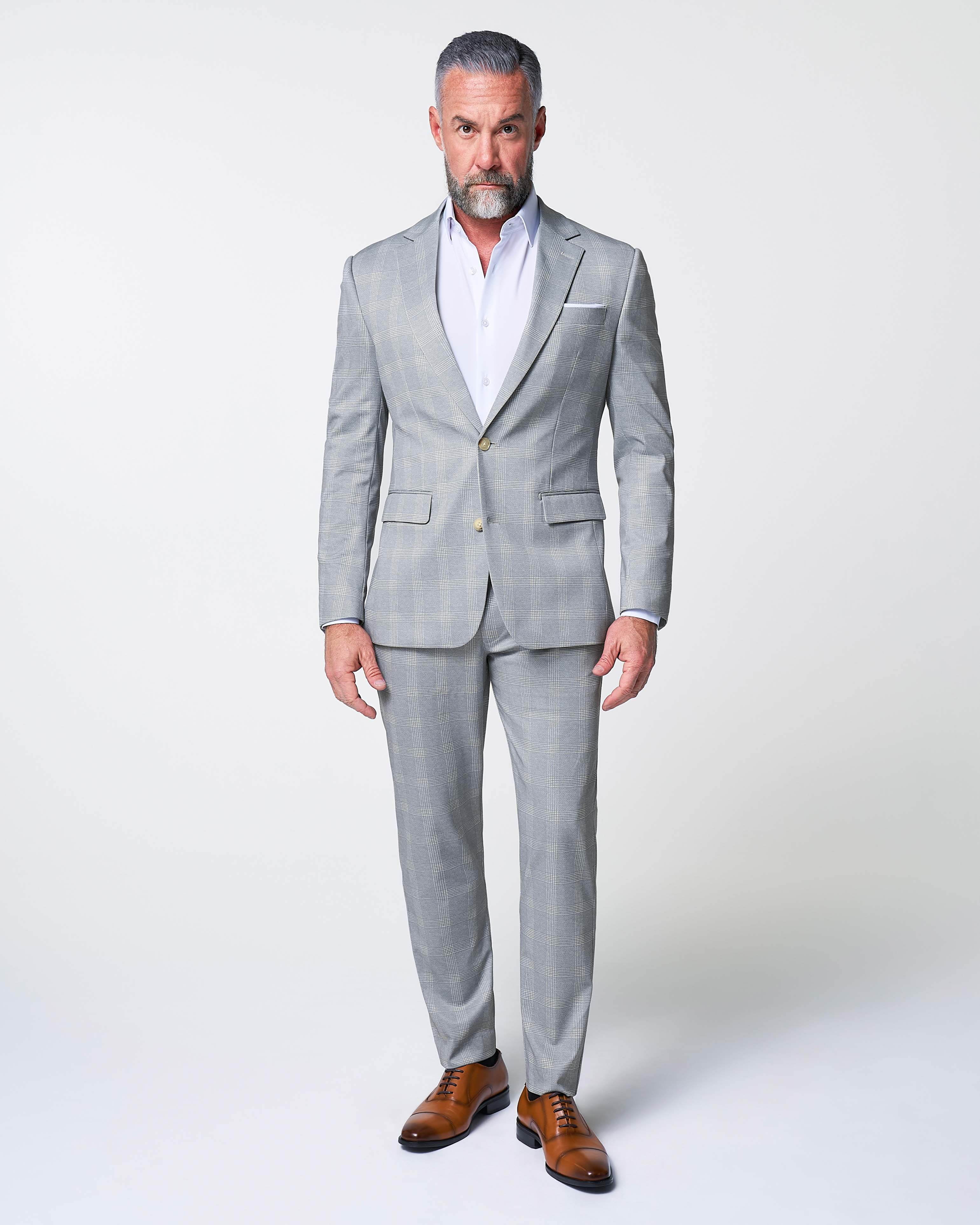 Athletic Fit Stretch Blazer - Ash Grey with White Plaid - Image 5