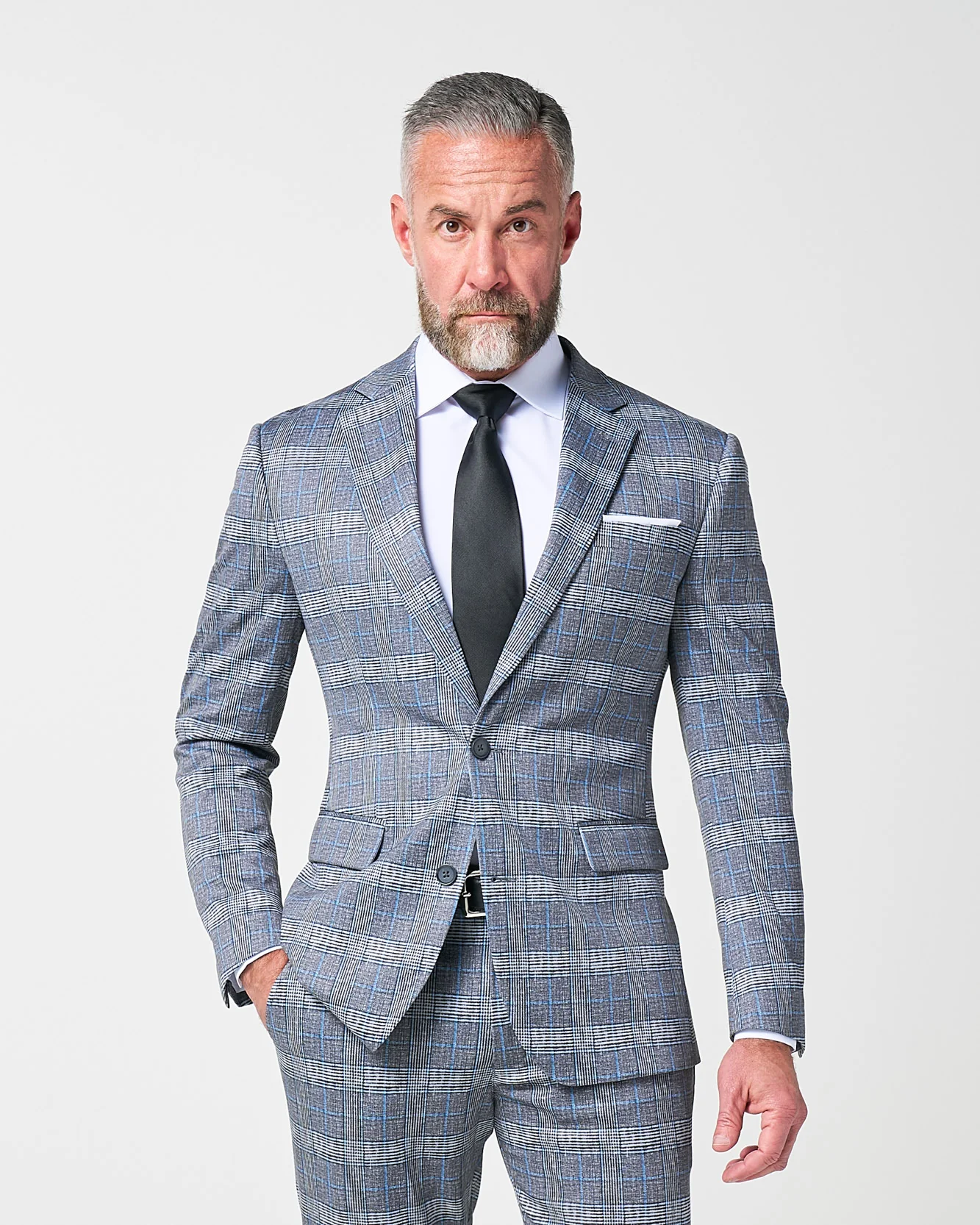 Athletic Fit Stretch Blazer - Grey with Blue Plaid - Image 6