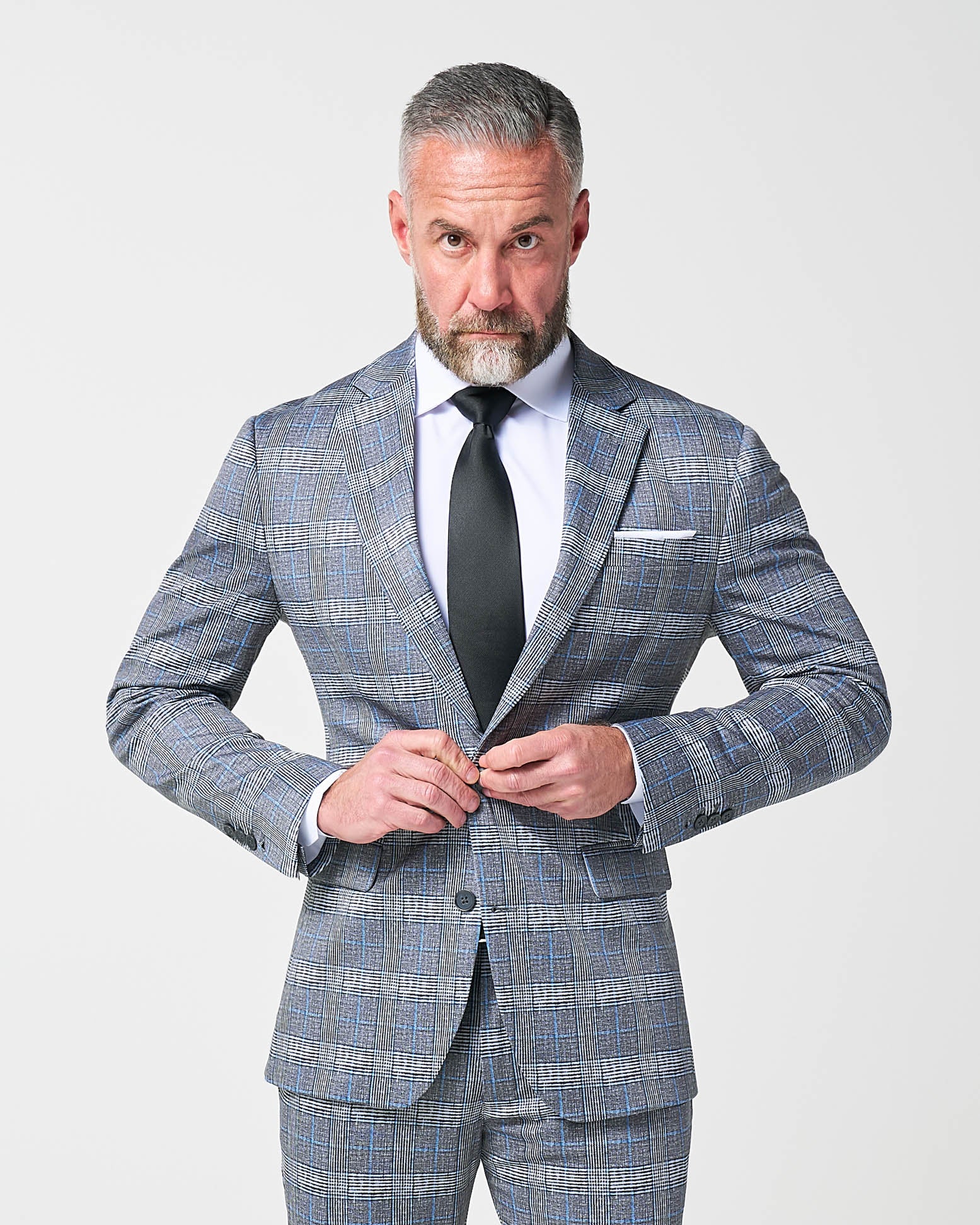 Athletic Fit Stretch Blazer - Grey with Blue Plaid - Image 7