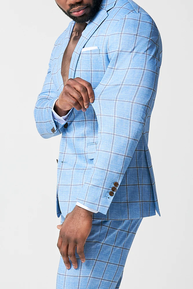 Athletic Fit Stretch Blazer - Light Blue and Brown Big Windowpane - Image 3