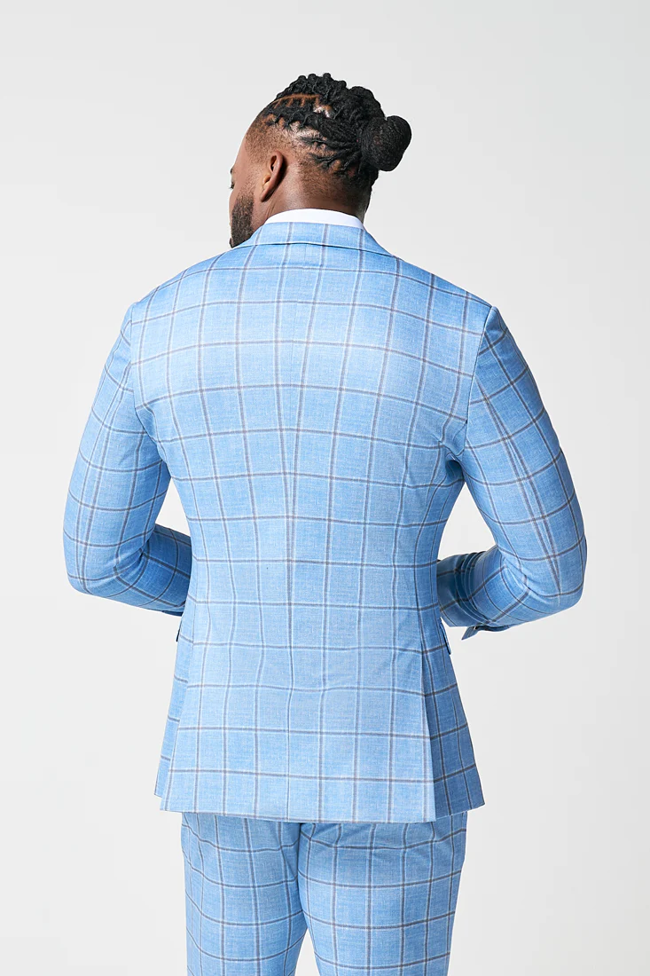 Athletic Fit Stretch Blazer - Light Blue and Brown Big Windowpane - Image 4