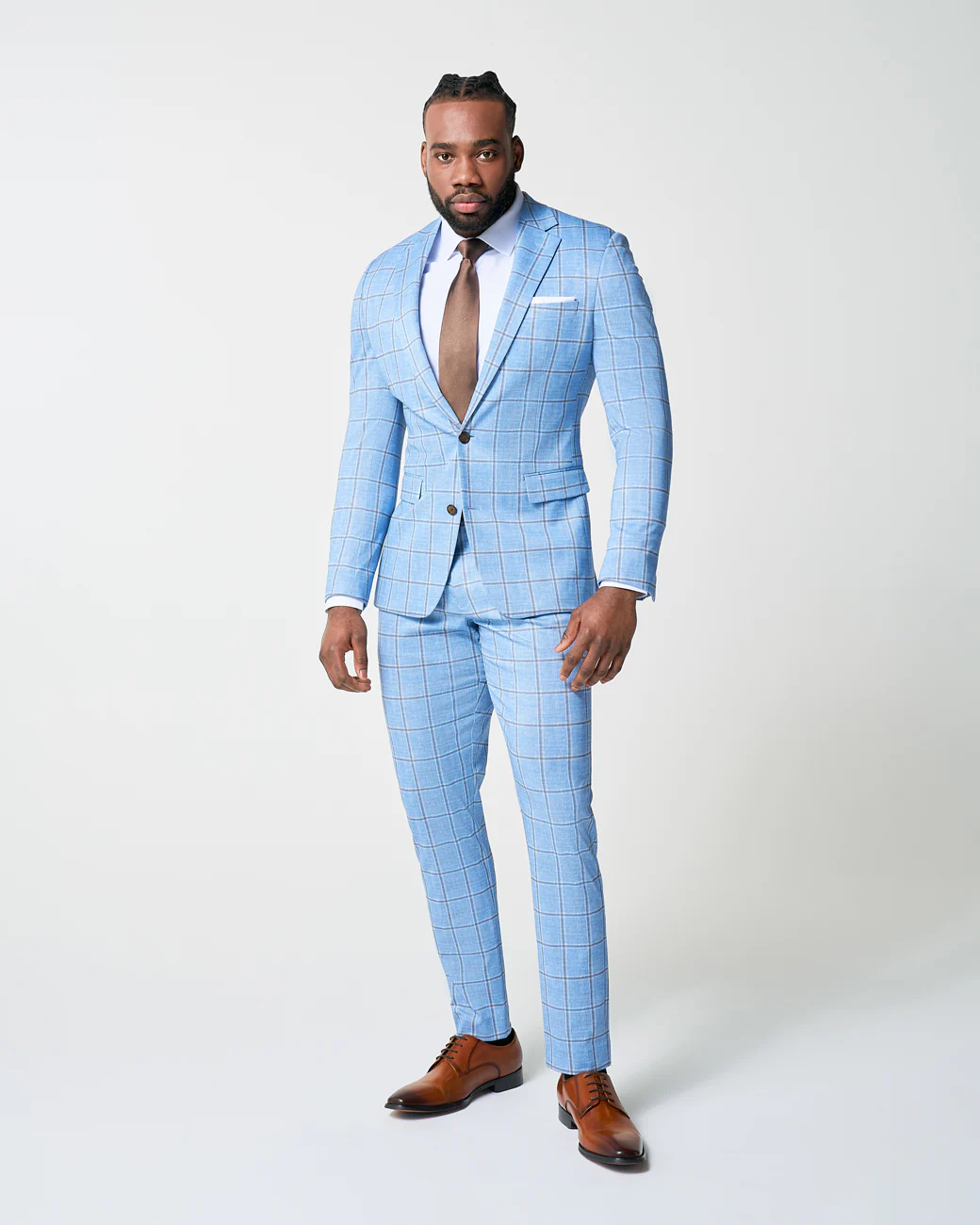 Athletic Fit Stretch Blazer - Light Blue and Brown Big Windowpane - Image 6
