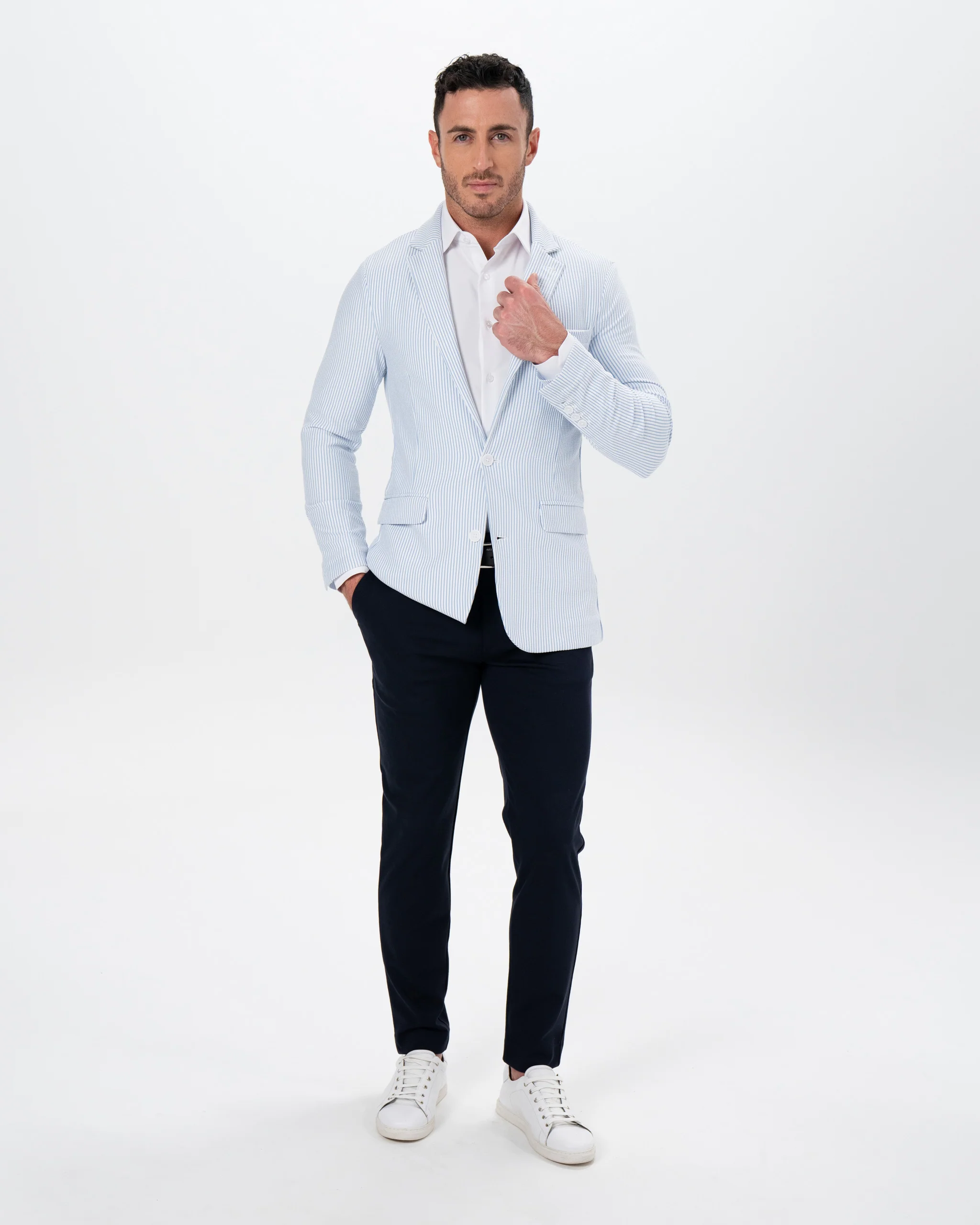 Athletic Fit Stretch Blazer - Light Blue & White Seersucker - Image 3