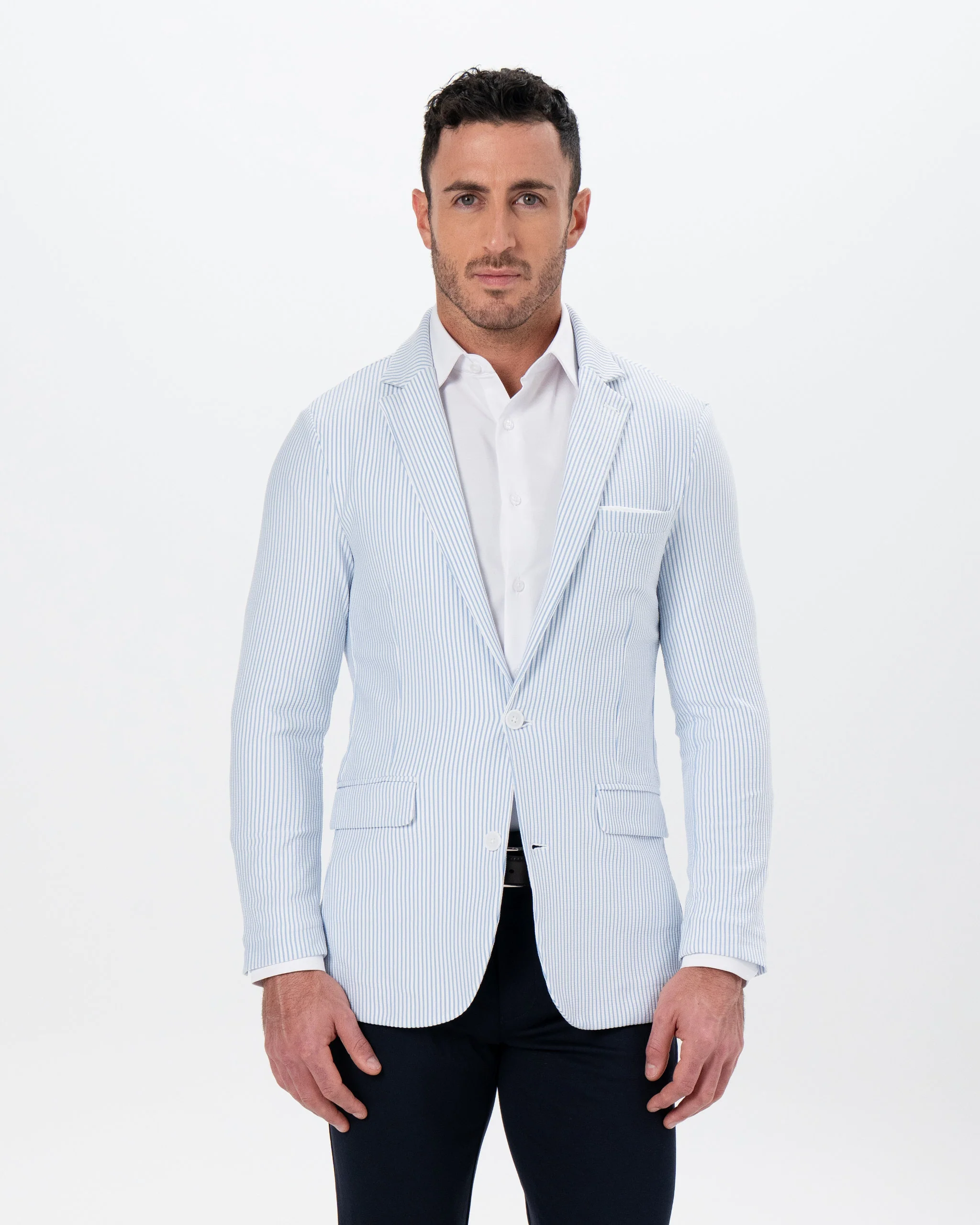 Athletic Fit Stretch Blazer - Light Blue & White Seersucker - Image 6