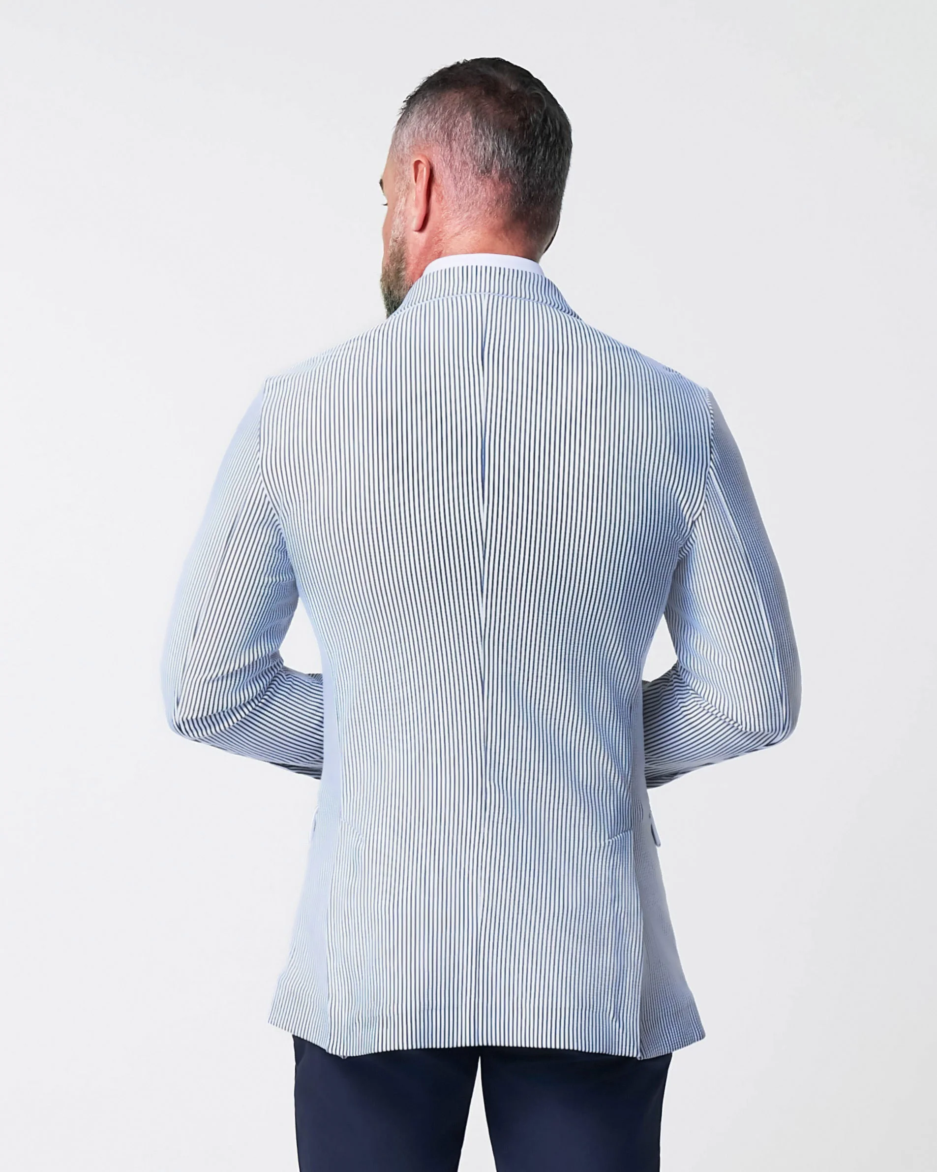 Athletic Fit Stretch Blazer - Navy & White Seersucker - Image 3