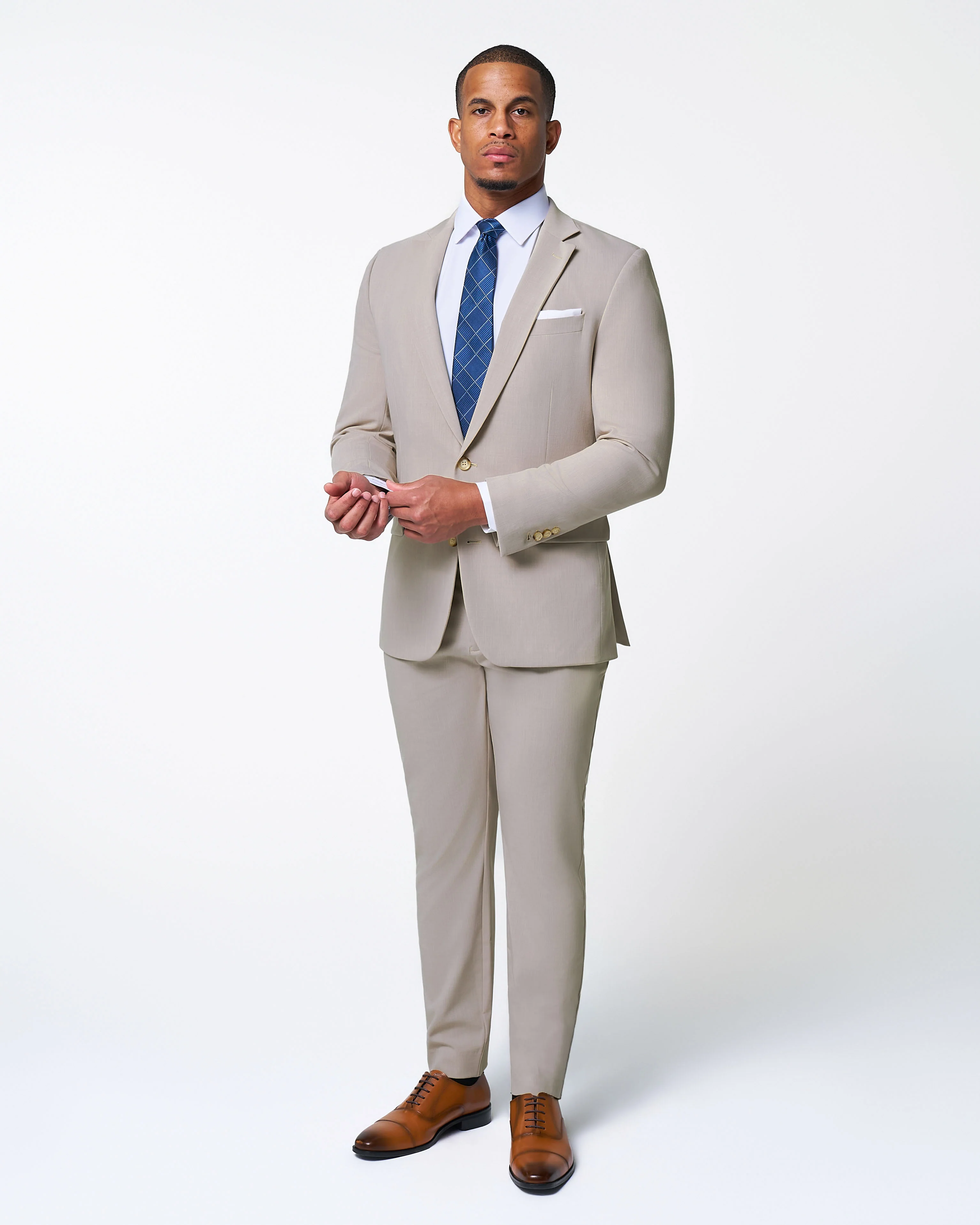 Athletic Fit Stretch Suit Pants - Heathered Stone - Image 3