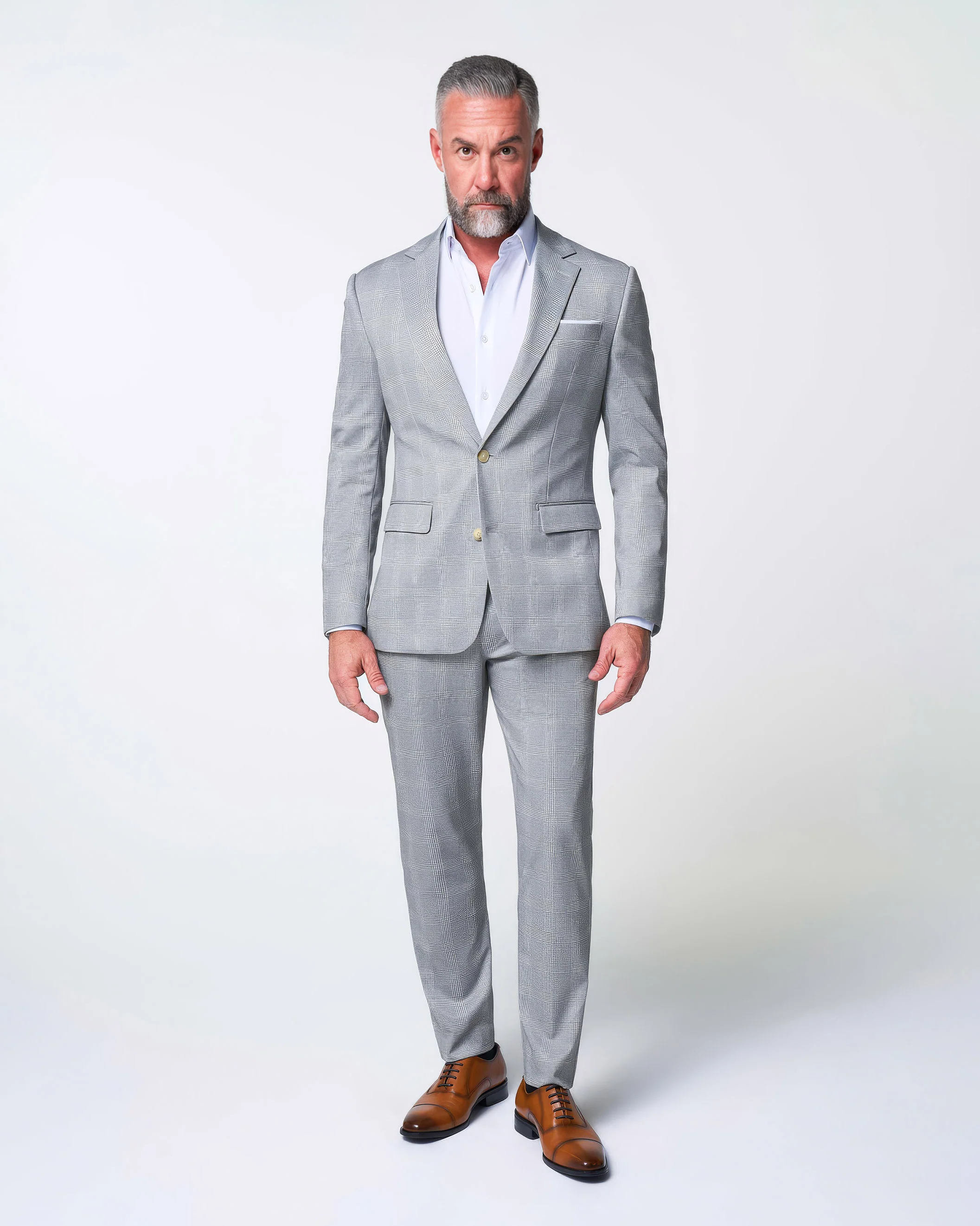 Athletic Fit Stretch Suit - Ash Grey with White Plaid