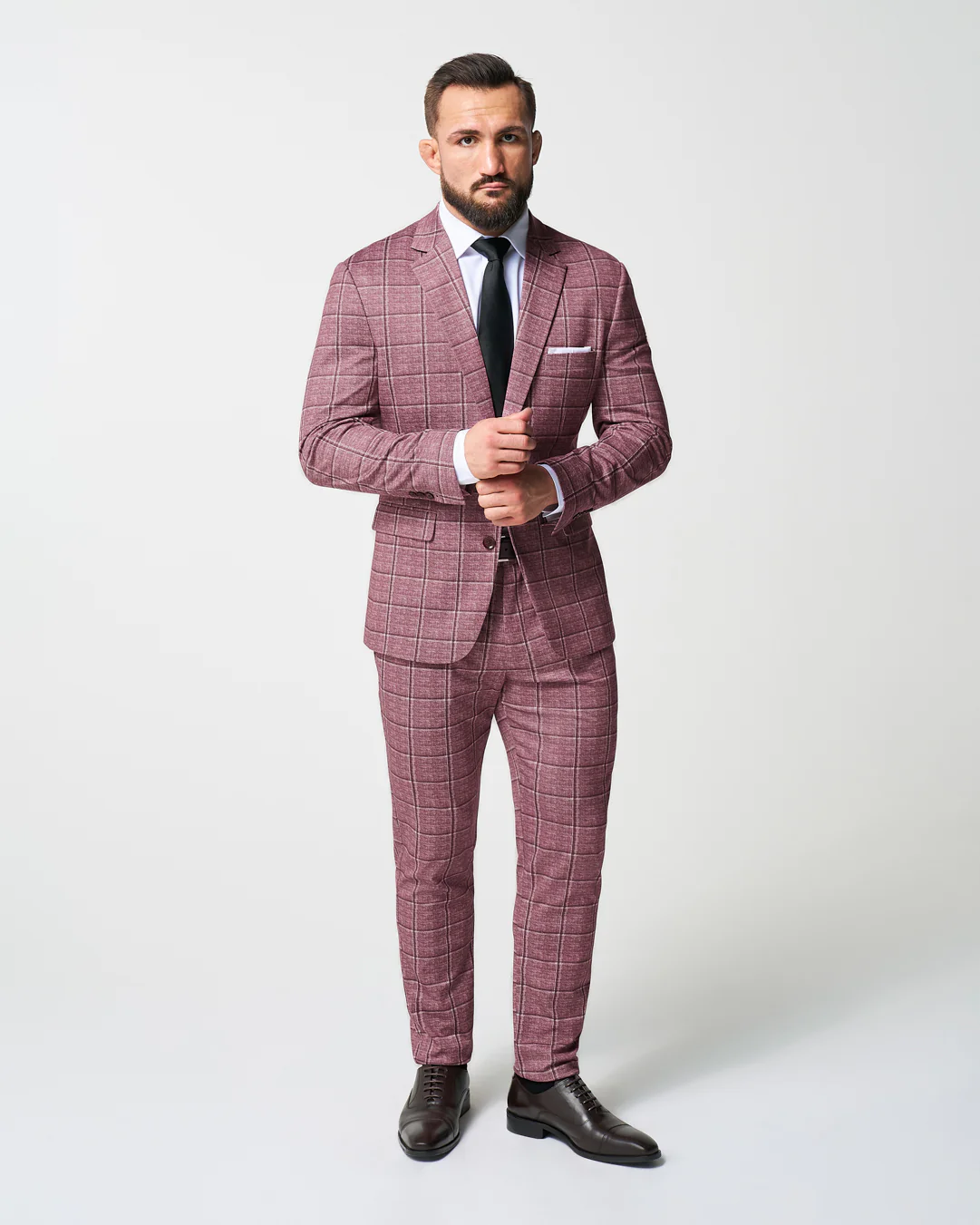 Athletic Fit Stretch Suit - Crimson with Burgundy Big Windowpane - Image 6