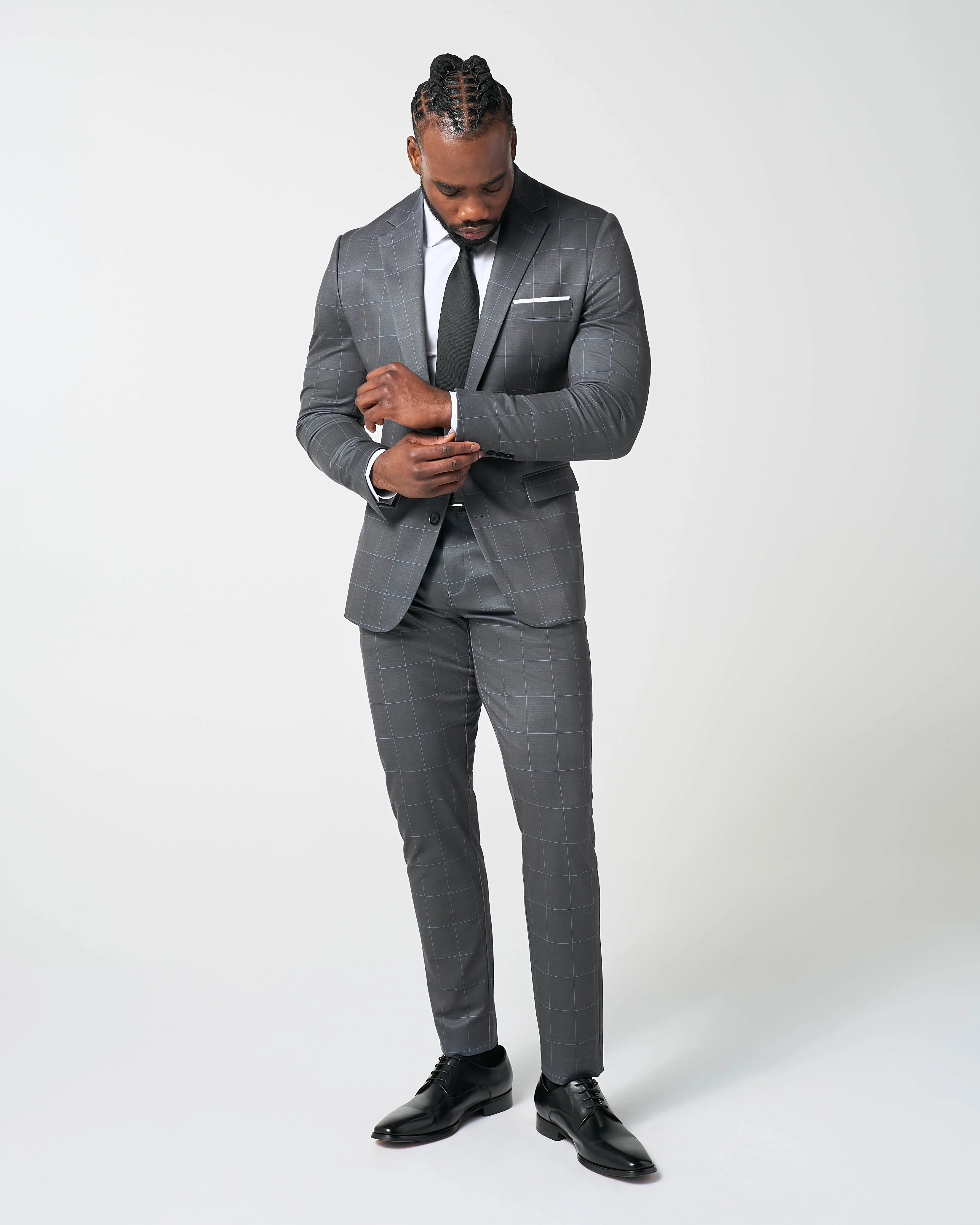Athletic Fit Stretch Suit - Grey and White Big Windowpane - Image 5