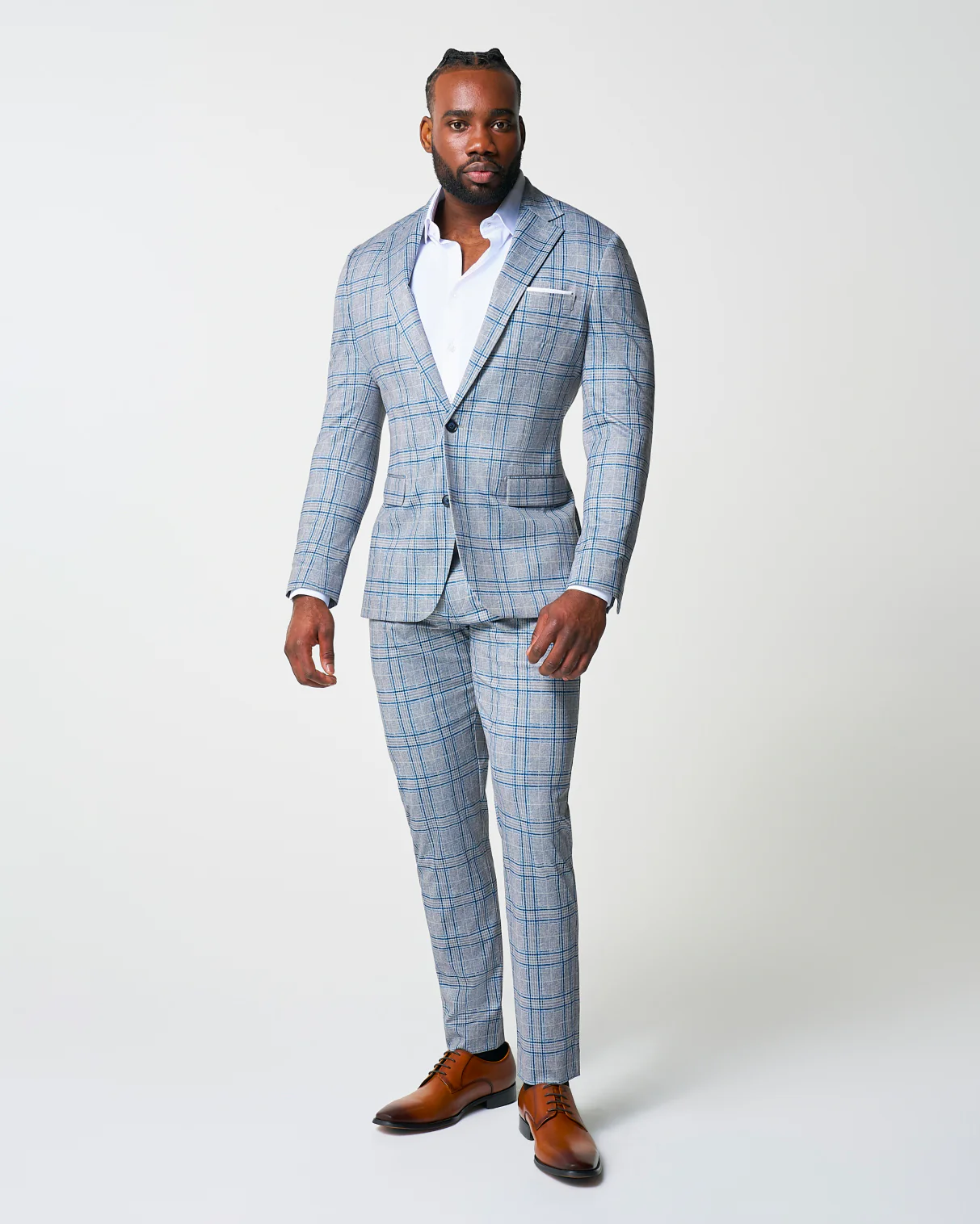 Athletic Fit Stretch Suit - Grey & Royal Blue Plaid - Image 7
