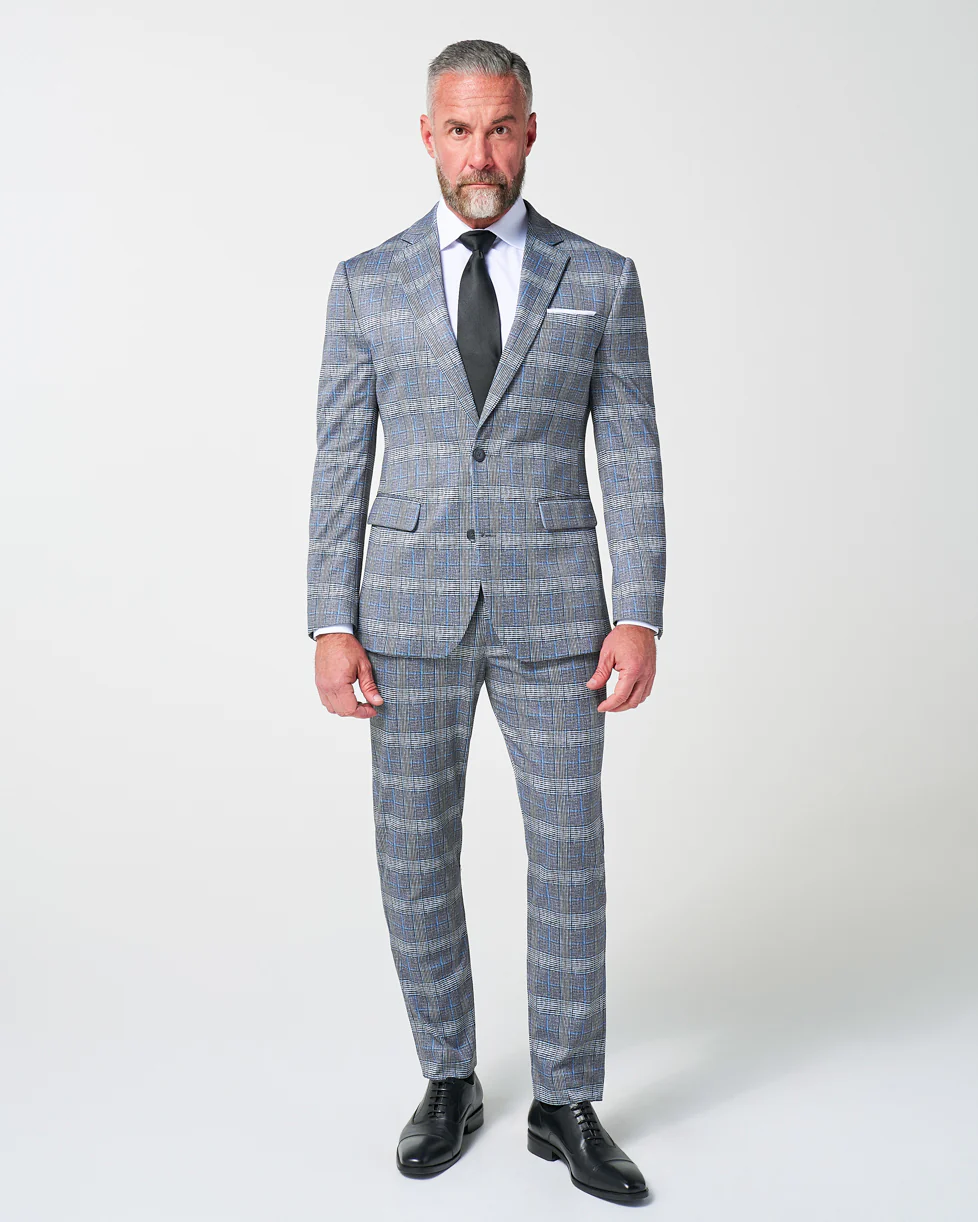 Athletic Fit Stretch Suit - Grey with Blue Plaid