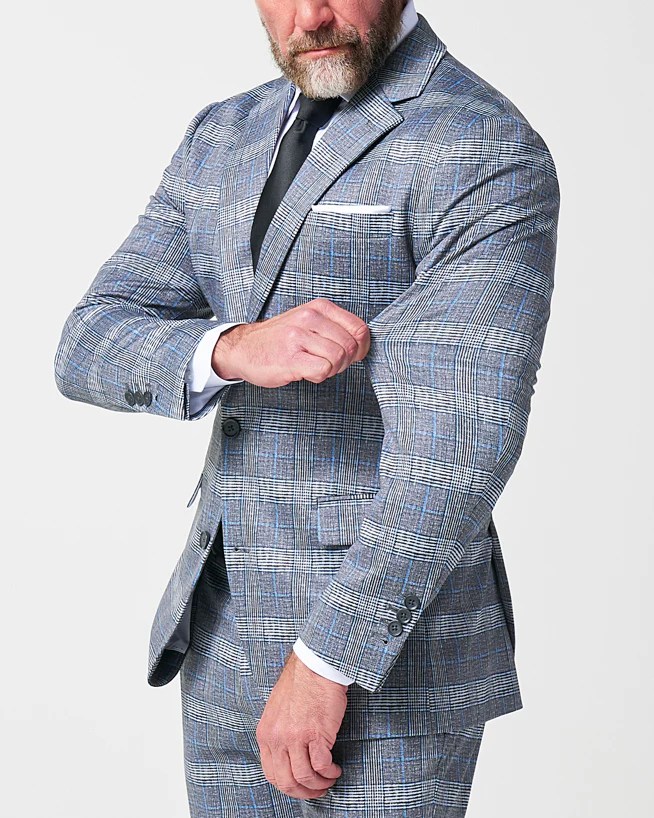 Athletic Fit Stretch Suit - Grey with Blue Plaid - Image 2