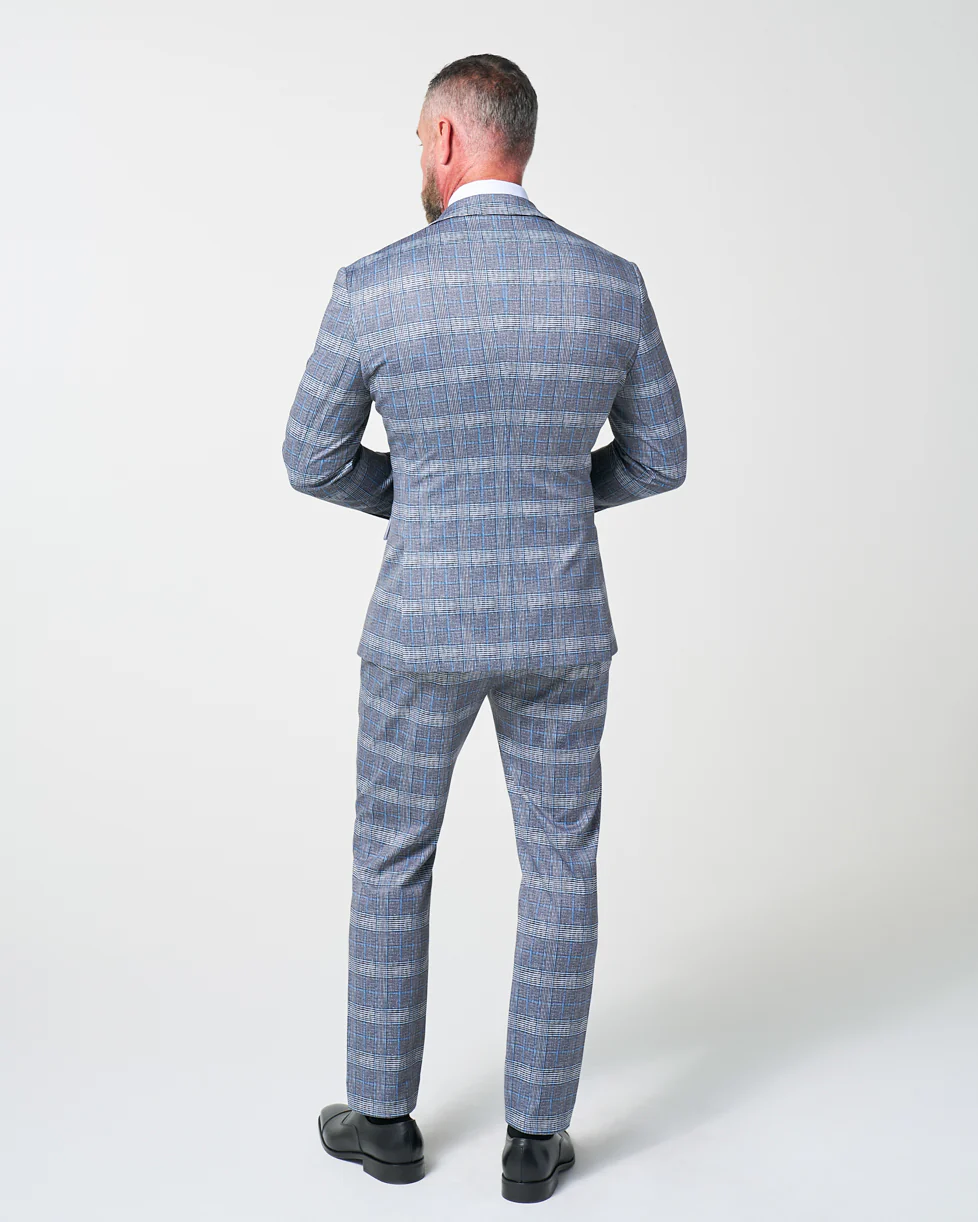 Athletic Fit Stretch Suit - Grey with Blue Plaid - Image 4
