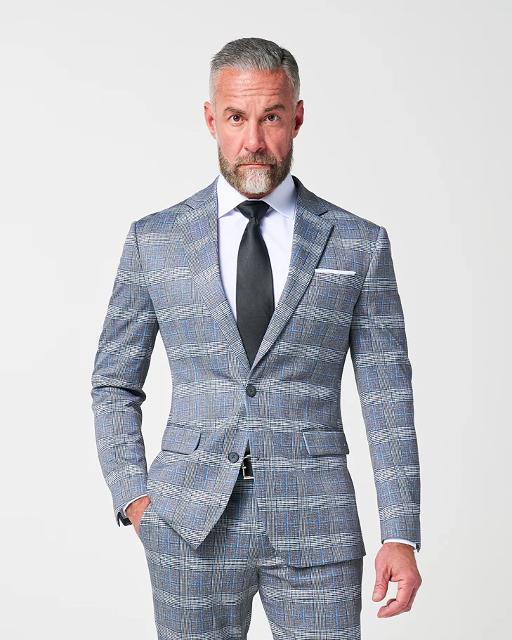 Athletic Fit Stretch Suit - Grey with Blue Plaid - Image 5