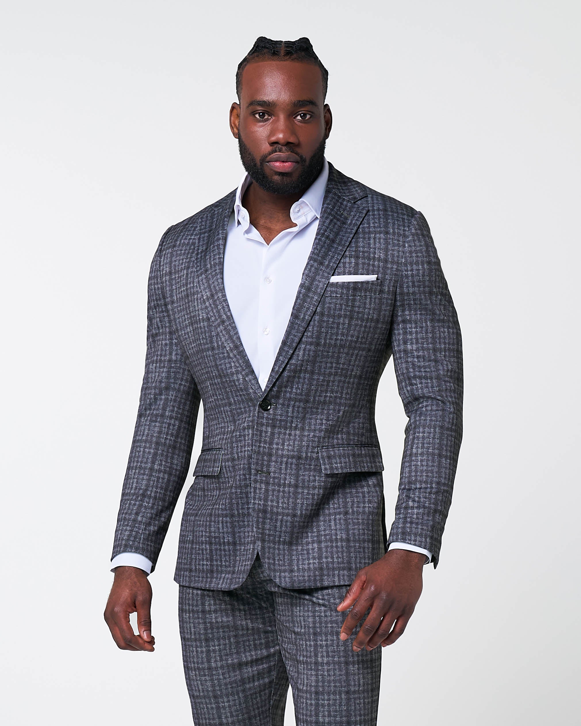 Athletic Fit Stretch Suit - Iron Grey & Charcoal Plaid - Image 3