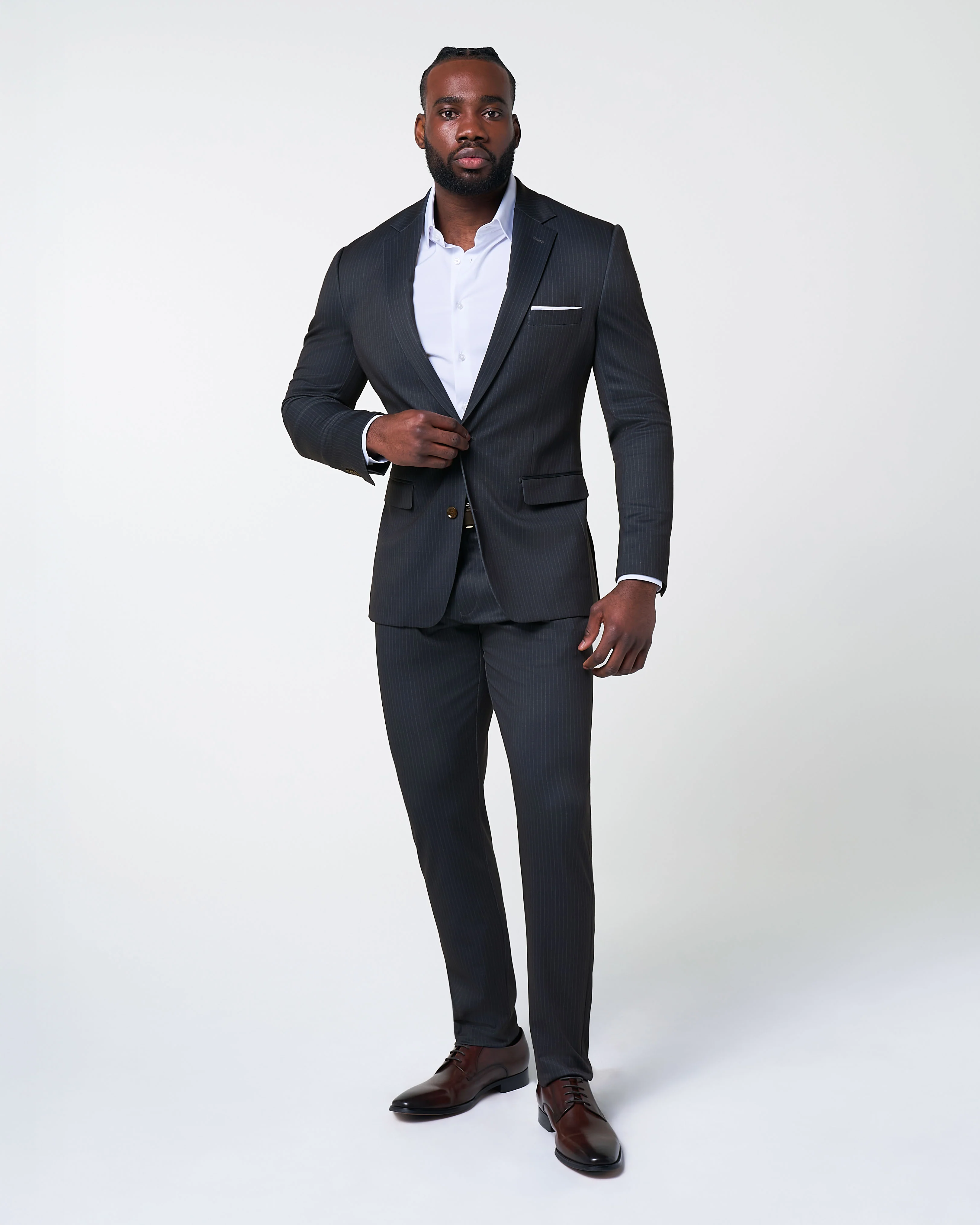 Athletic Fit Stretch Suit - Knit Black & Light Blue Pinstripe