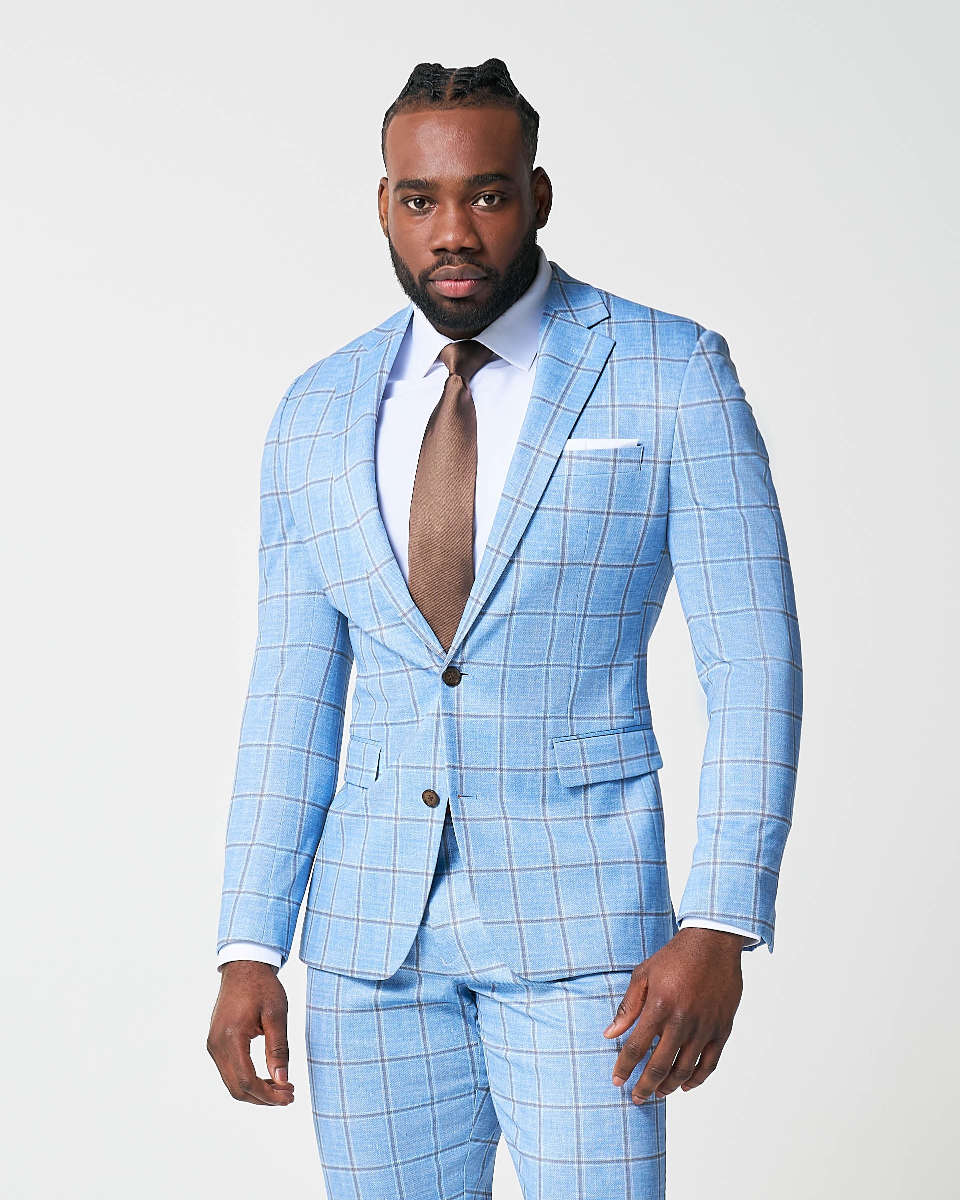 Athletic Fit Stretch Suit - Light Blue and Brown Big Windowpane - Image 2