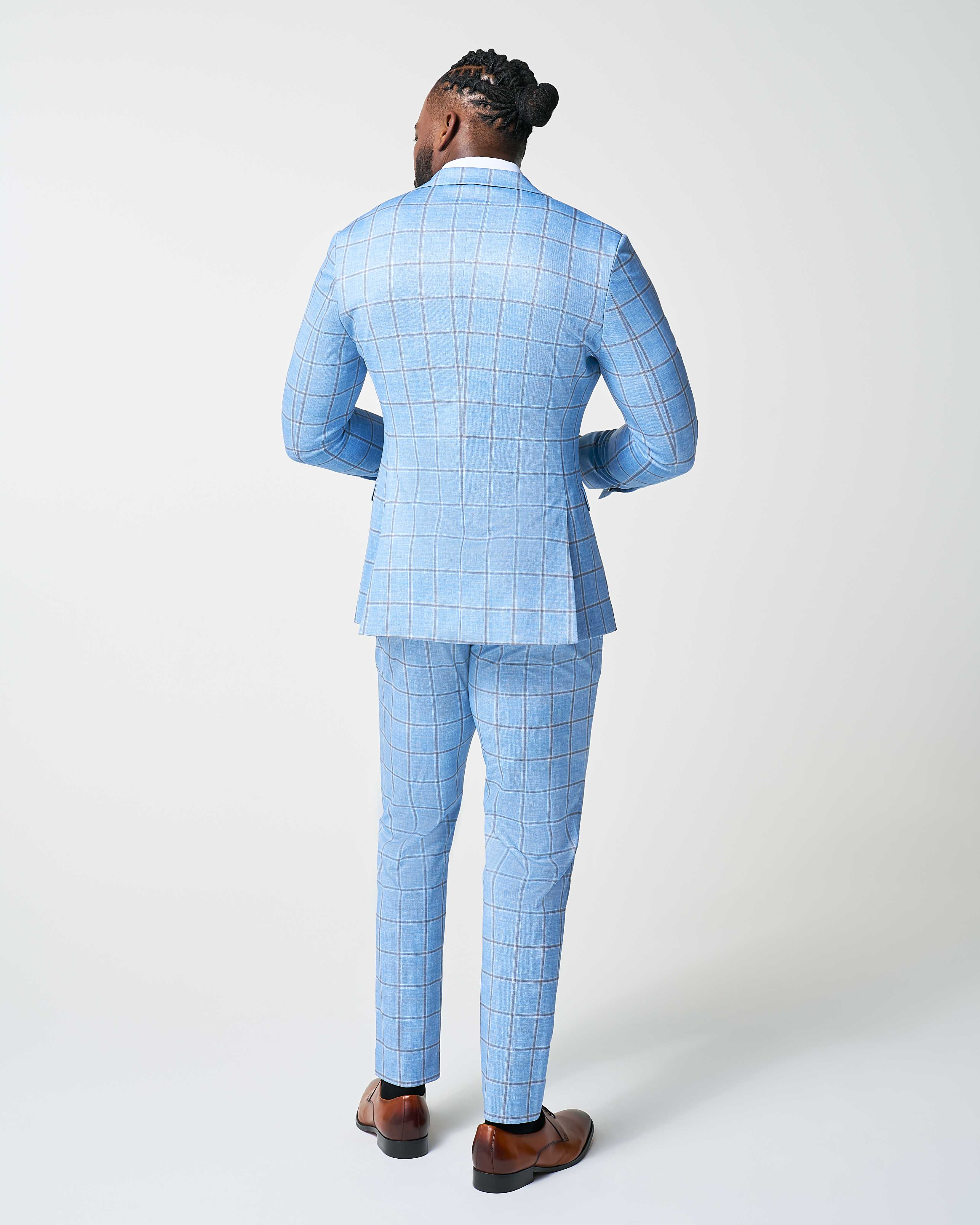 Athletic Fit Stretch Suit - Light Blue and Brown Big Windowpane - Image 4
