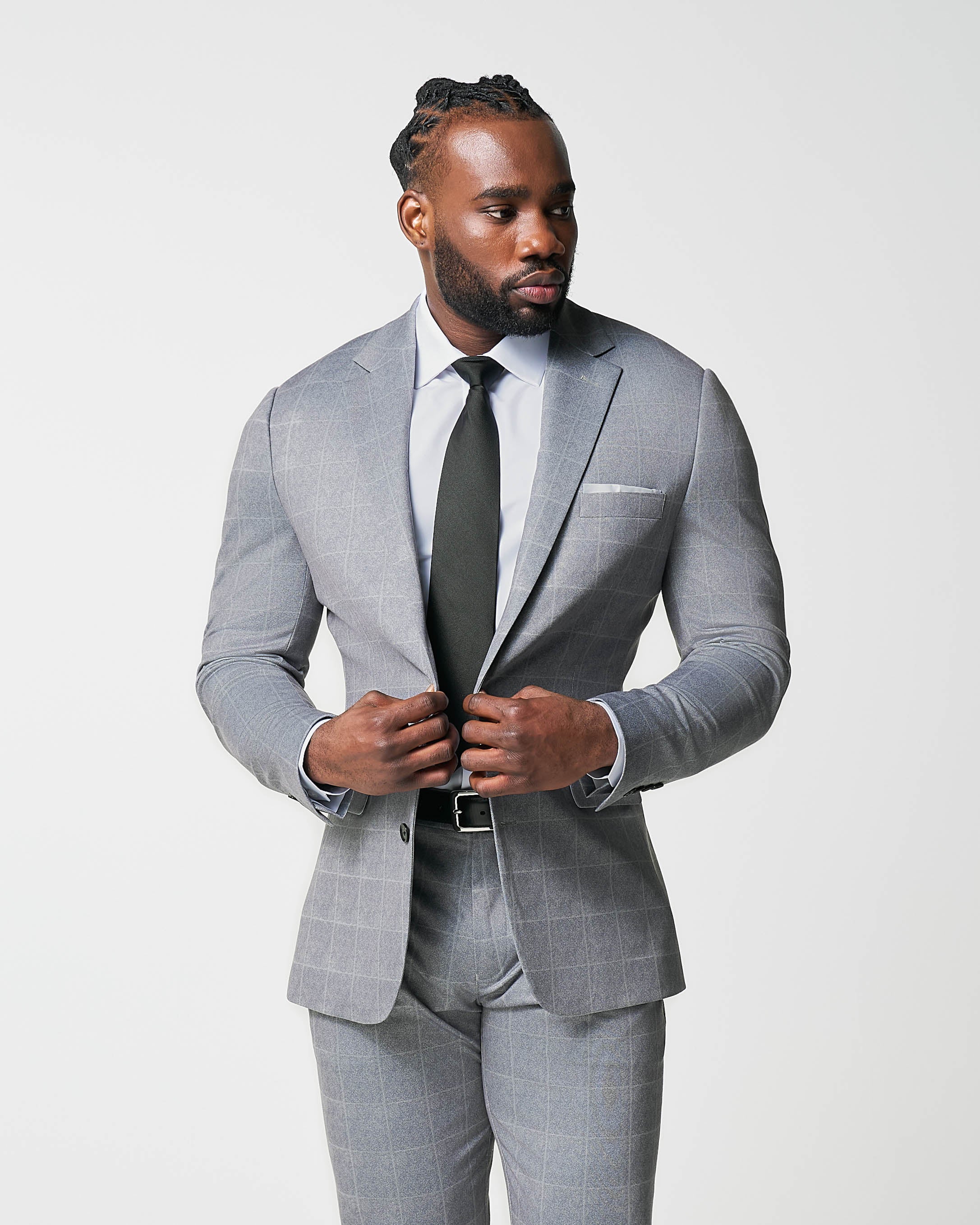 Athletic Fit Stretch Suit - Light Grey & White Windowpane - Image 3
