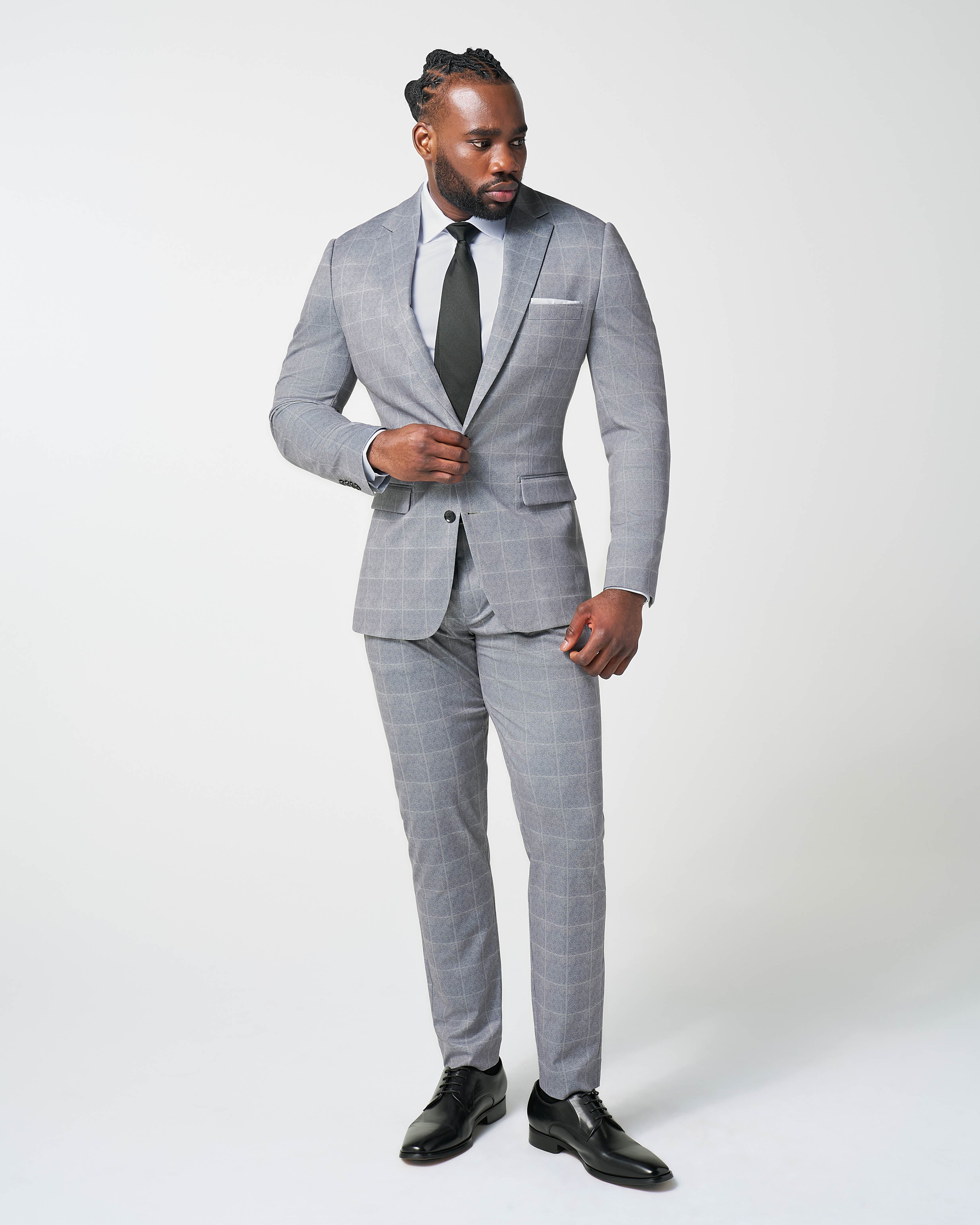 Athletic Fit Stretch Suit - Light Grey & White Windowpane - Image 5