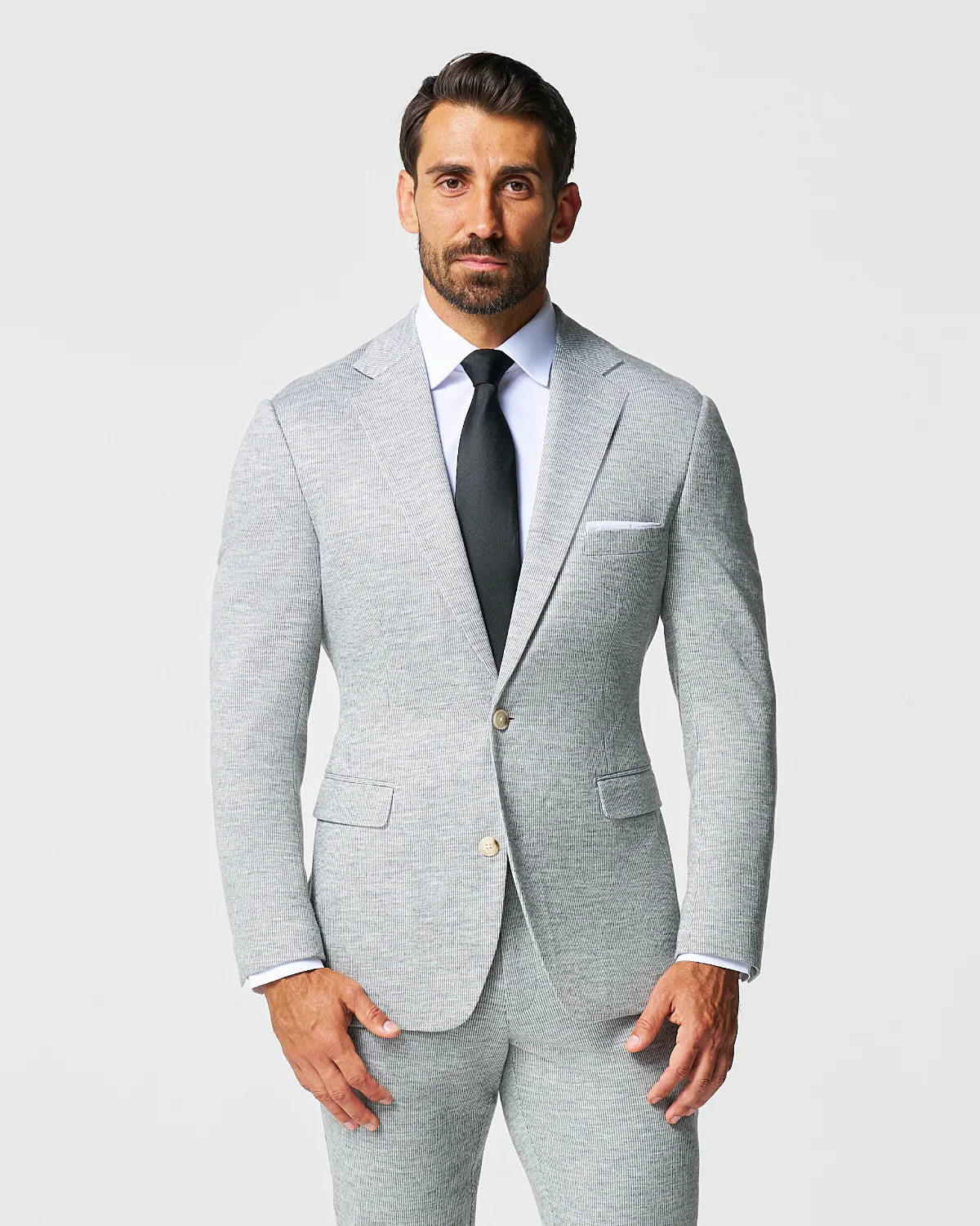 Athletic Fit Stretch Wool Suit - Light Grey with White Mini Stripe - Image 3