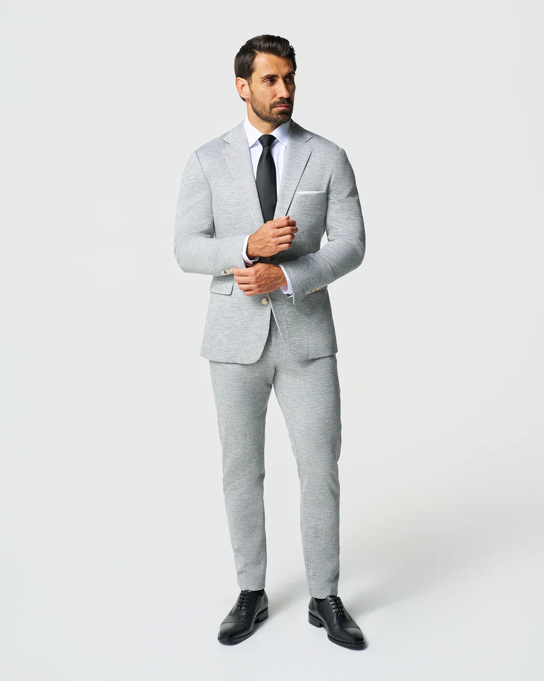Athletic Fit Stretch Wool Suit - Light Grey with White Mini Stripe - Image 6