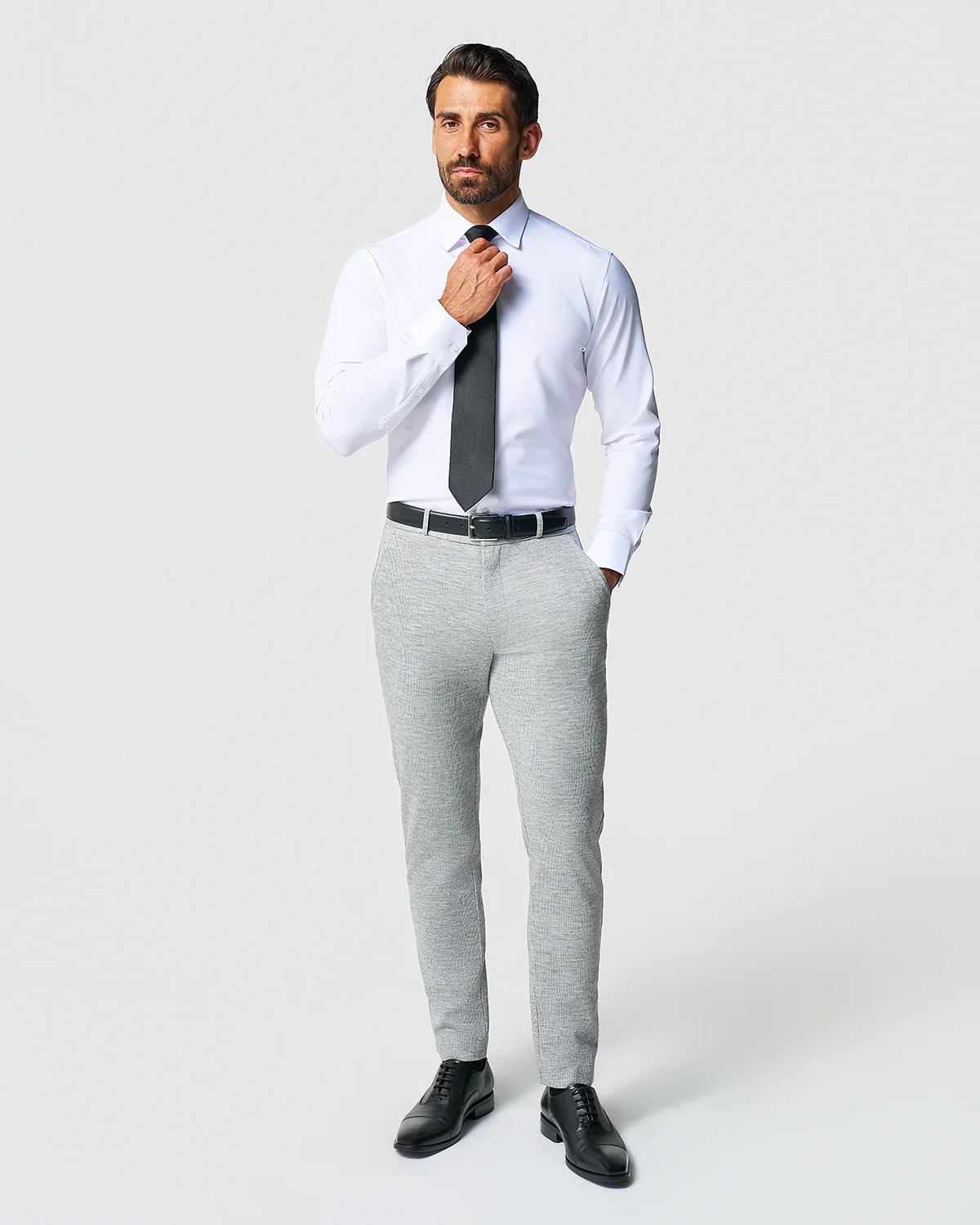 Athletic Fit Stretch Wool Suit - Light Grey with White Mini Stripe - Image 7