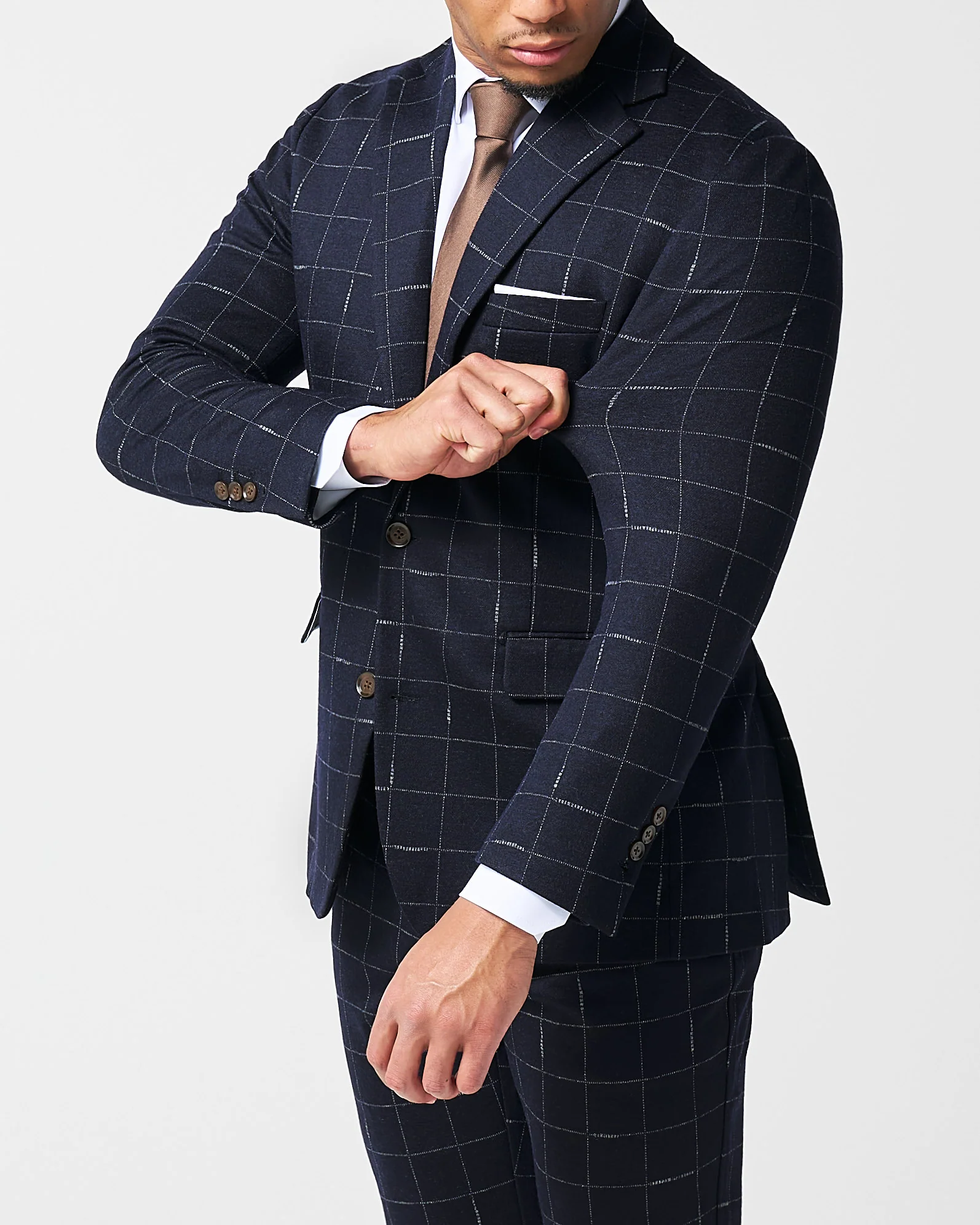 Athletic Fit Stretch Wool Suit - Midnight Navy & Chalk Windowpane - Image 4