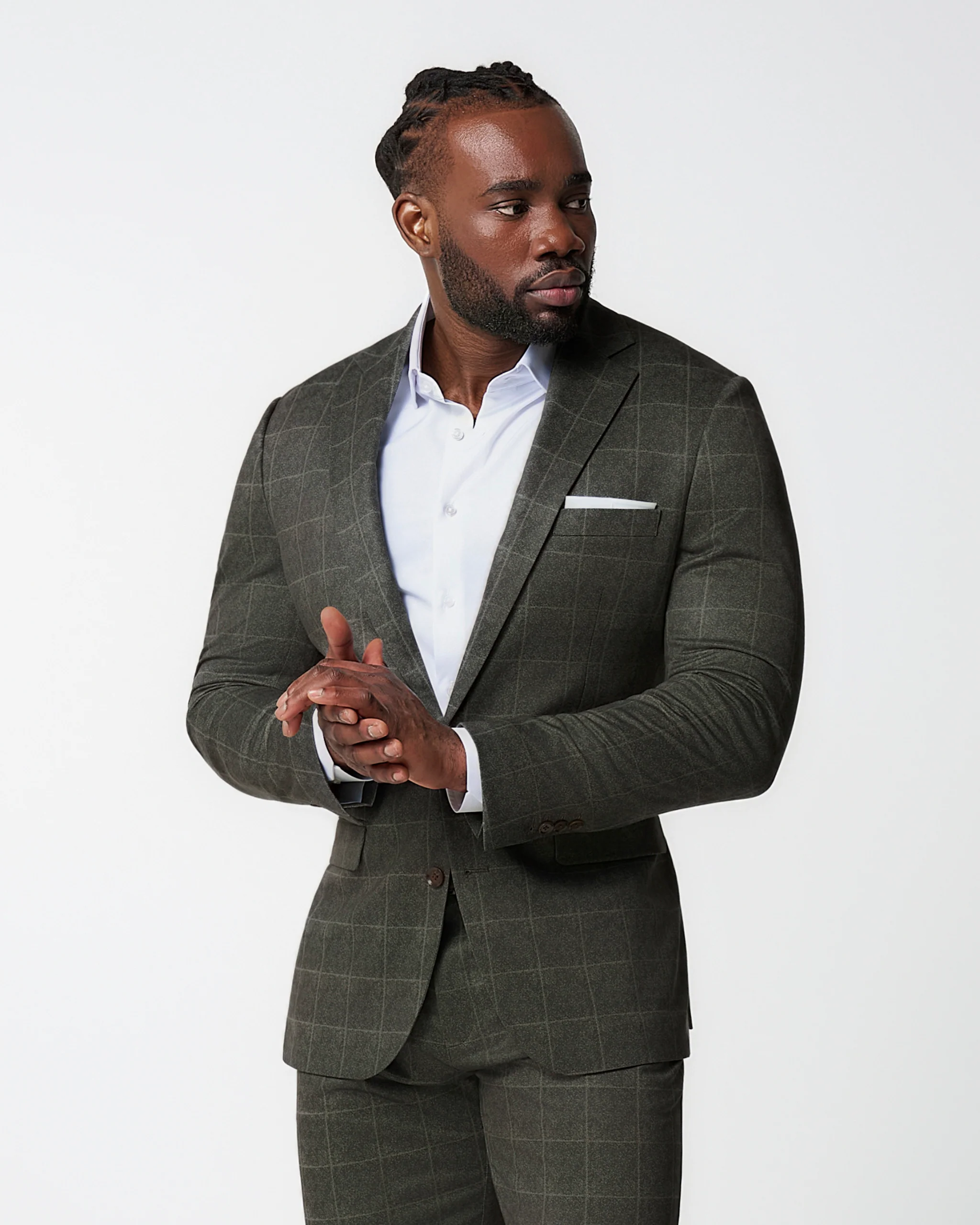 Athletic Fit Stretch Suit - Olive with White Windowpane - Image 3