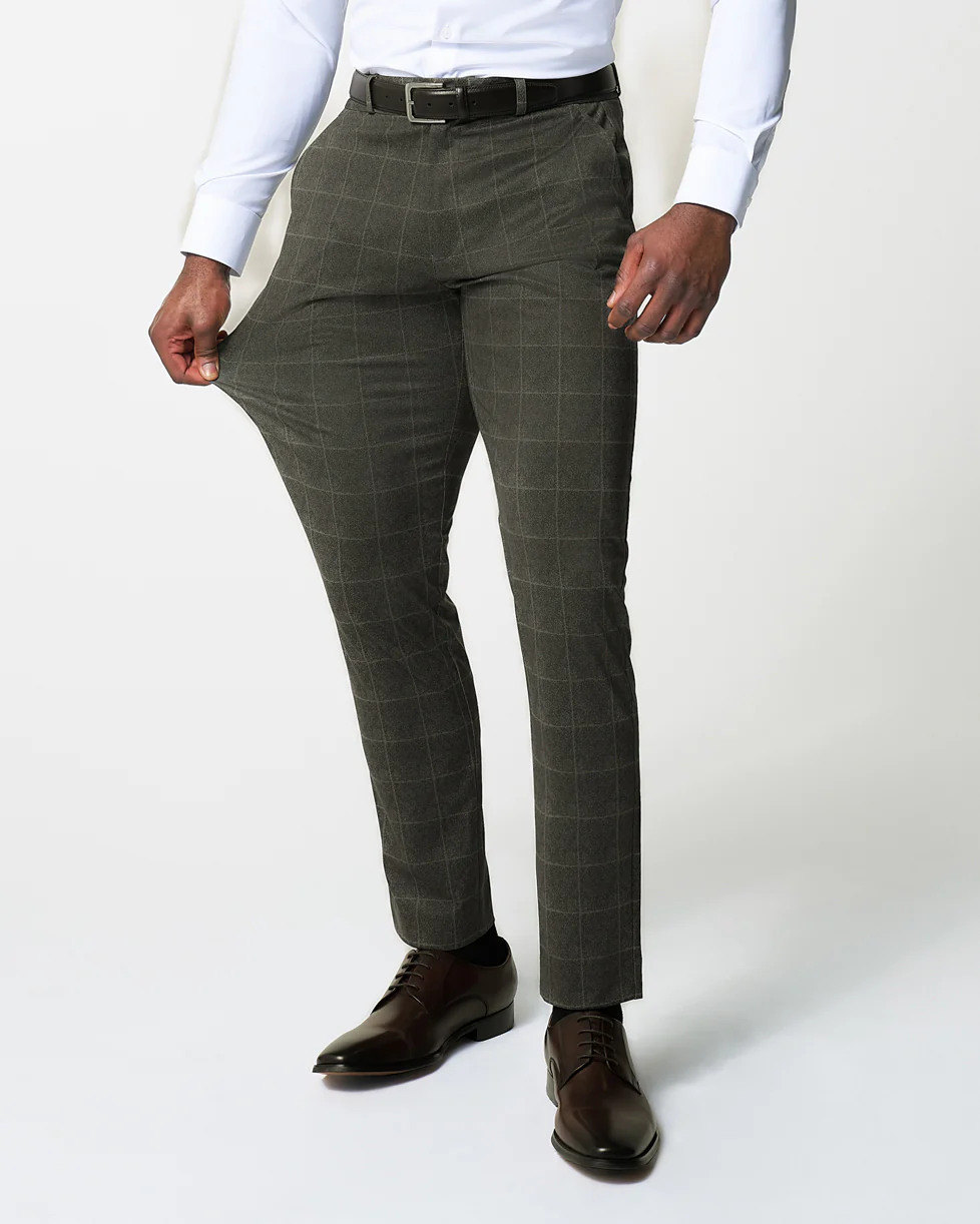 Athletic Fit Stretch Suit - Olive with White Windowpane - Image 4