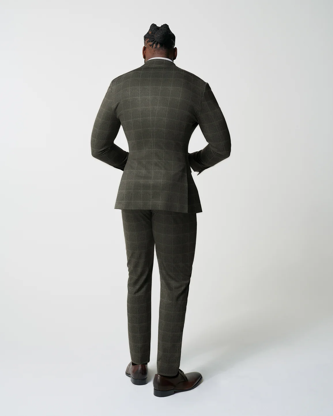 Athletic Fit Stretch Suit - Olive with White Windowpane - Image 5