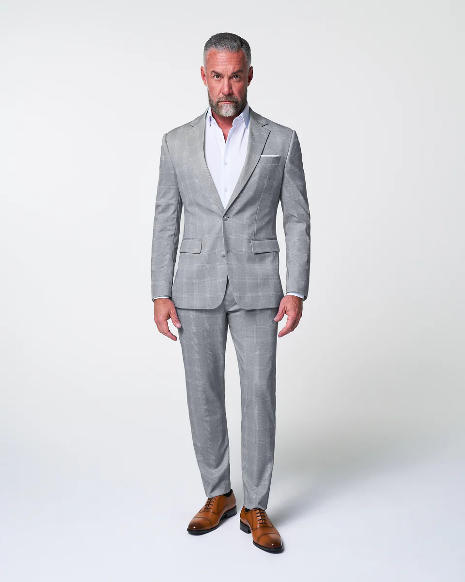 Athletic Fit Stretch Suit Pants - Ash Grey with White Plaid - Image 2