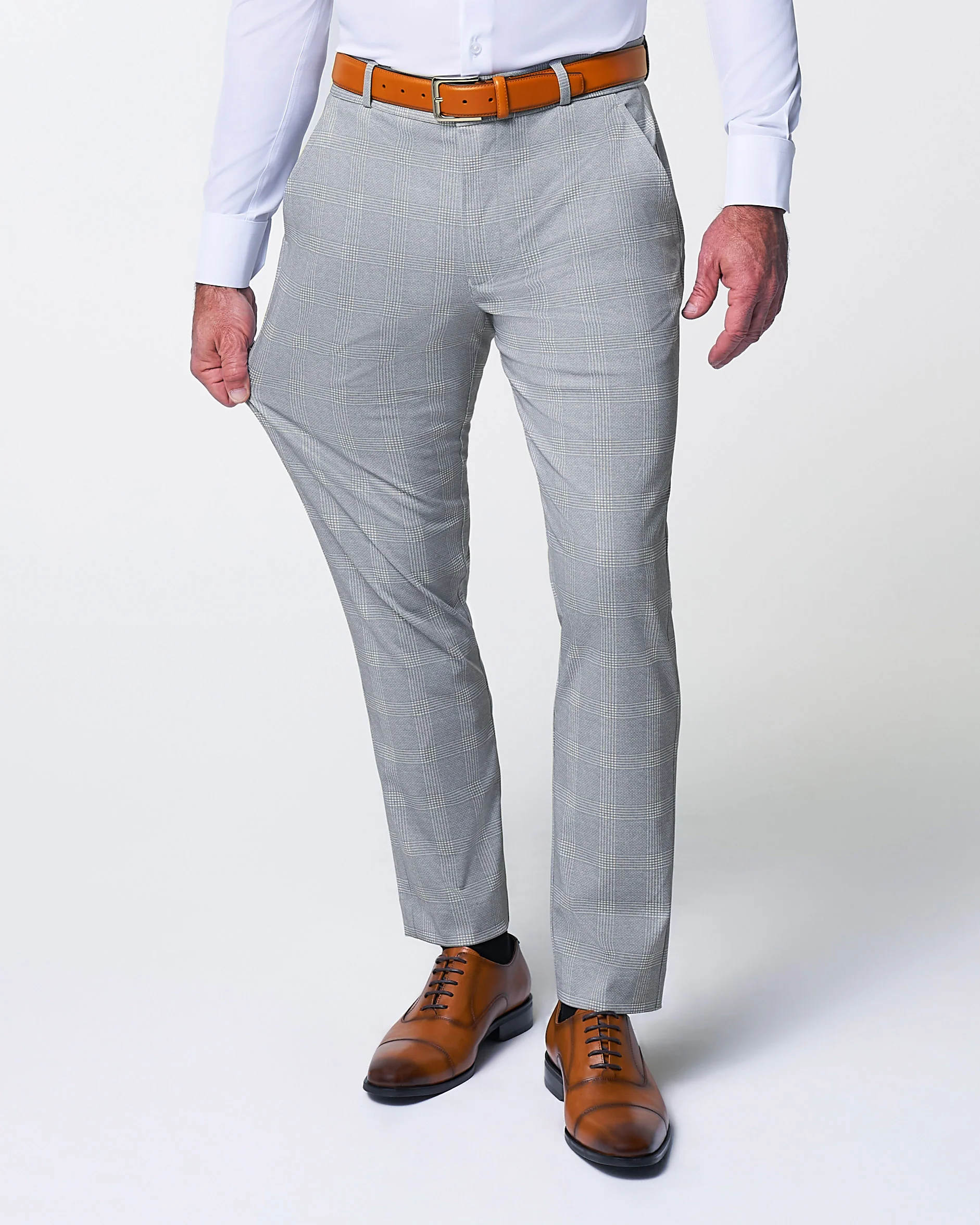 Athletic Fit Stretch Suit Pants - Ash Grey with White Plaid - Image 3