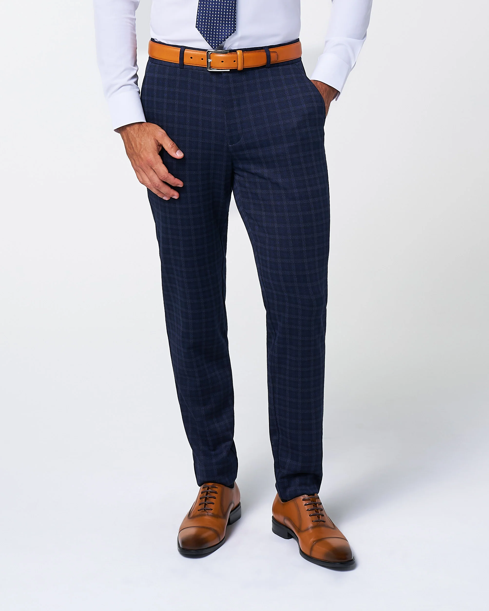 Athletic Fit Stretch Wool Suit Pants - Blue Plaid - Image 5