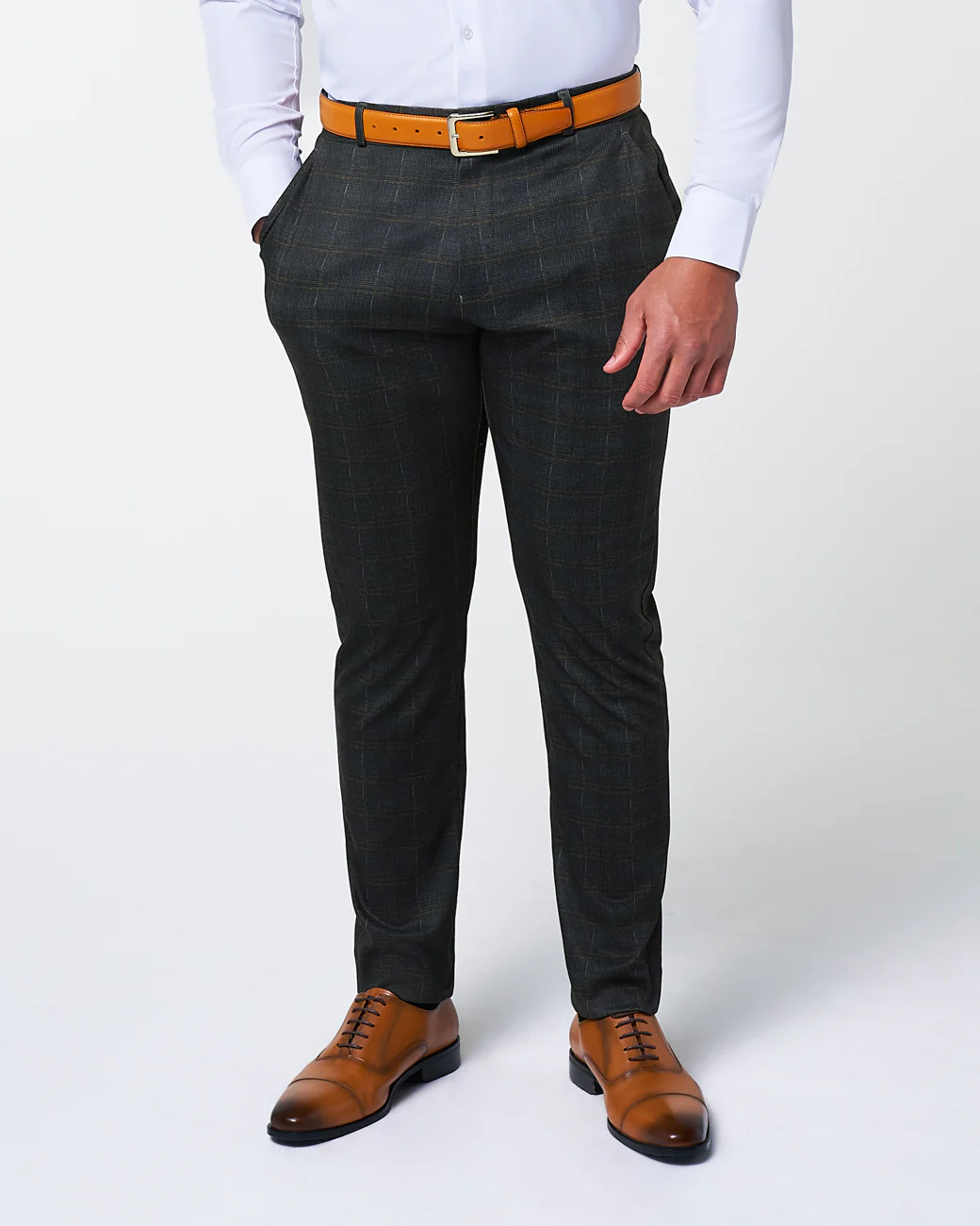 Athletic Fit Stretch Suit Pants - Brown Plaid