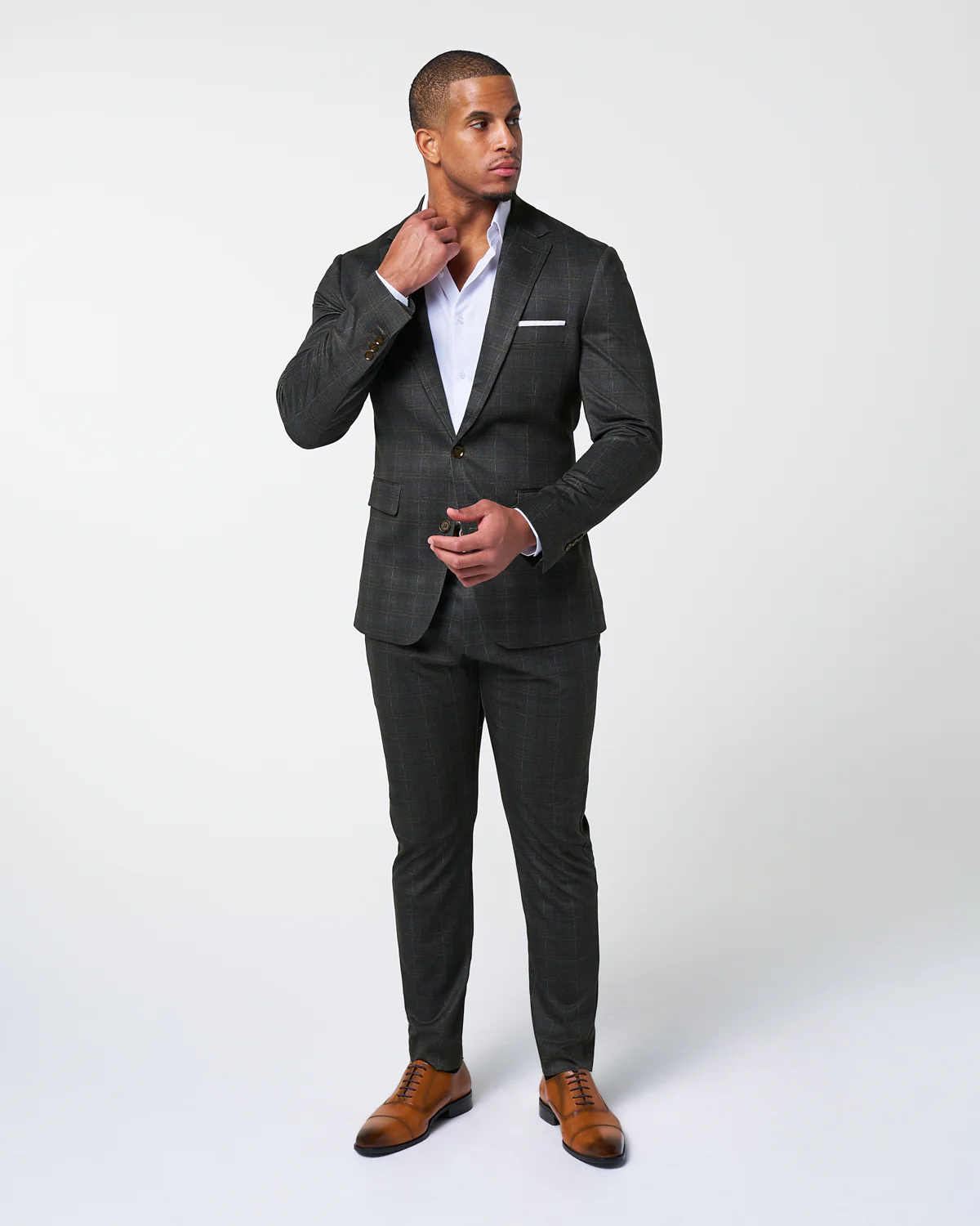 Athletic Fit Stretch Suit Pants - Brown Plaid - Image 3