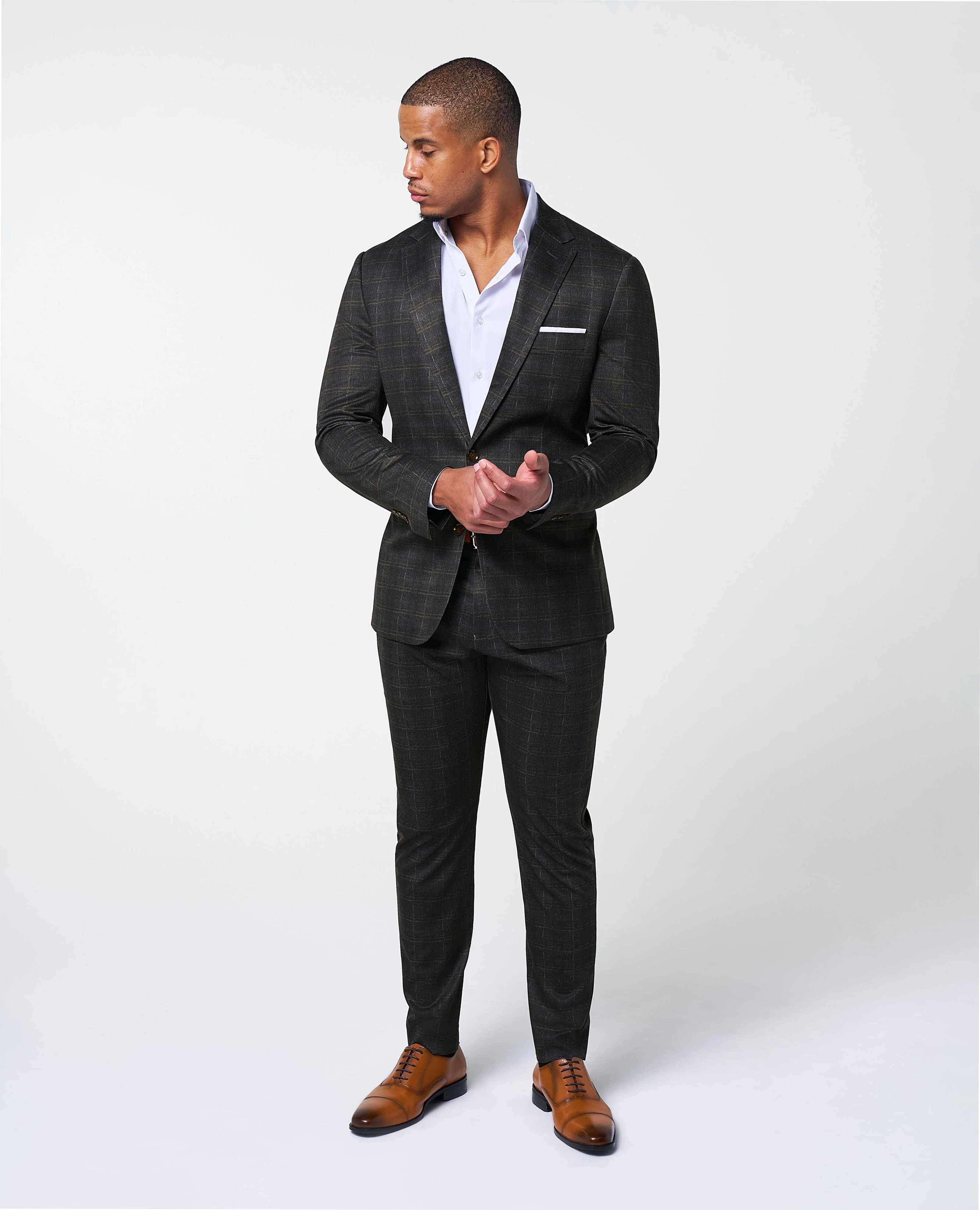 Athletic Fit Stretch Suit Pants - Brown Plaid - Image 5