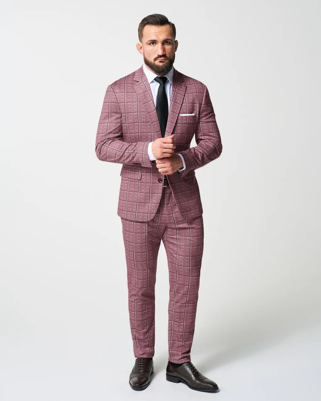Athletic Fit Stretch Suit Pants - Crimson with Burgundy Big Windowpane - Image 3