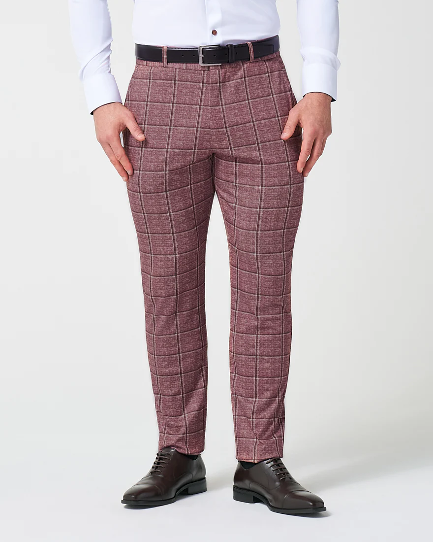 Athletic Fit Stretch Suit Pants - Crimson with Burgundy Big Windowpane - Image 4