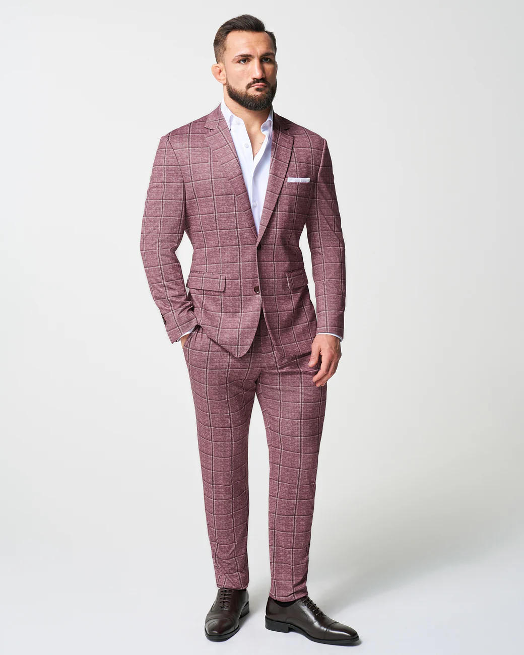 Athletic Fit Stretch Suit Pants - Crimson with Burgundy Big Windowpane - Image 5