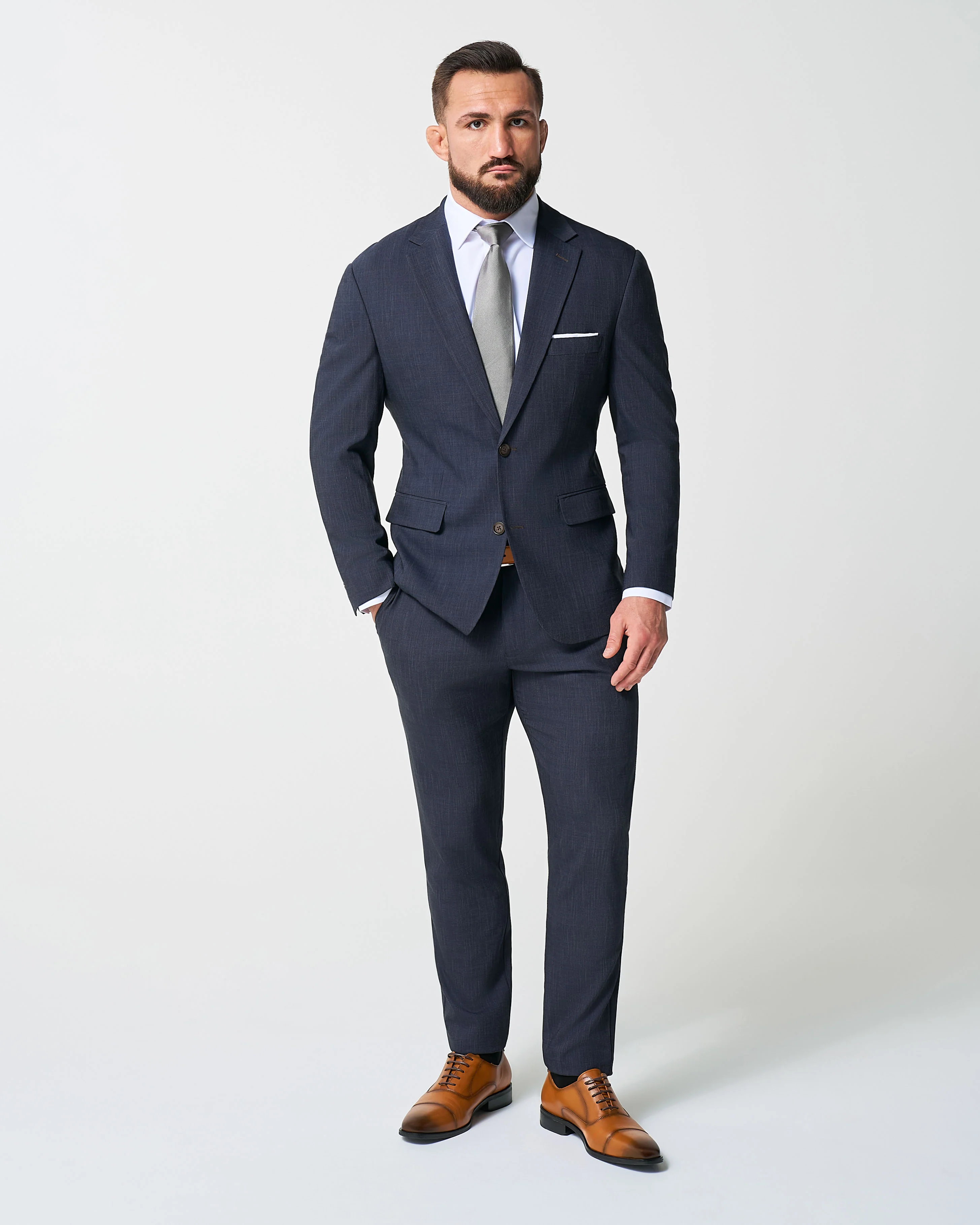 Athletic Fit Stretch Suit Pants - Heathered Midnight Navy - Image 7