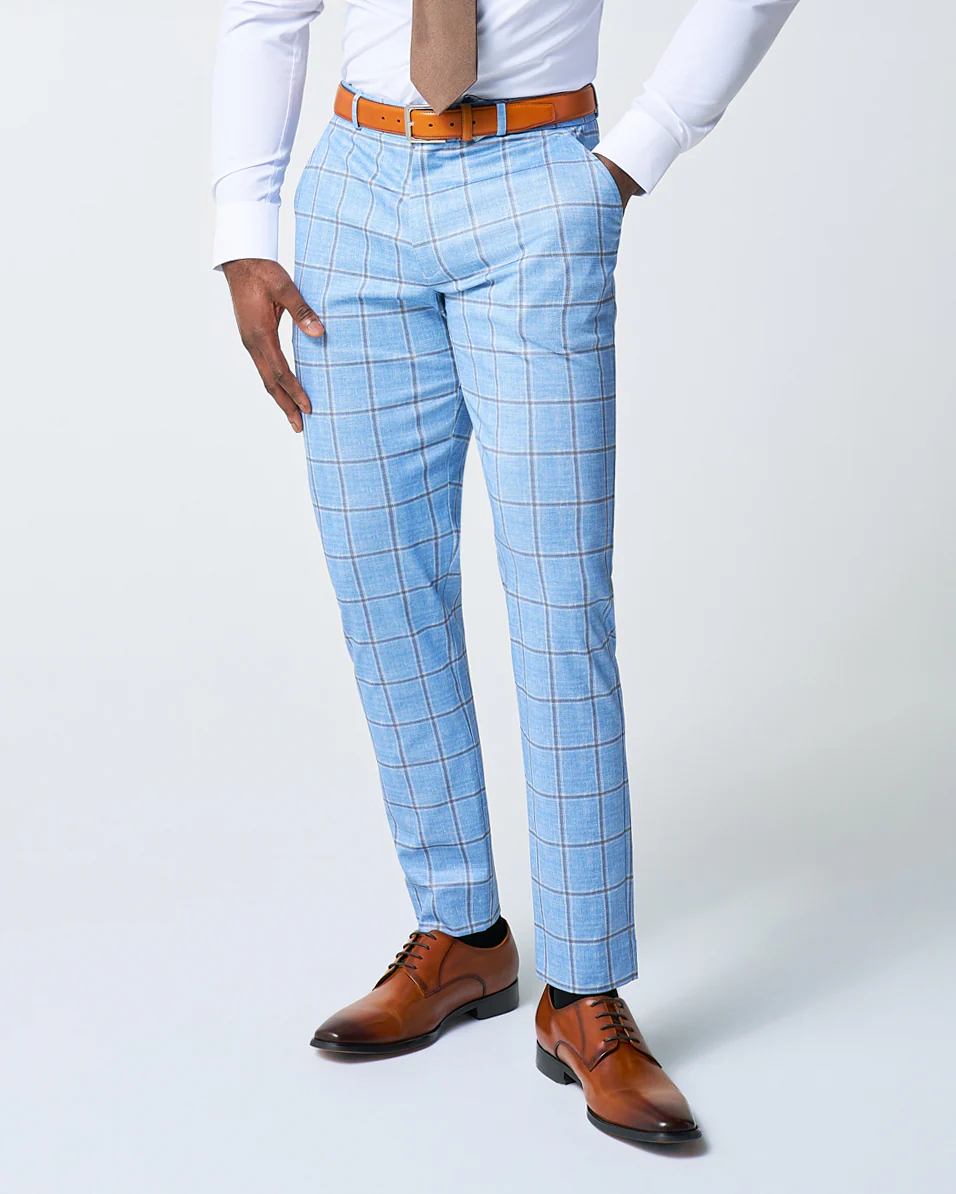 Athletic Fit Stretch Suit Pants - Light Blue and Brown Big Windowpane