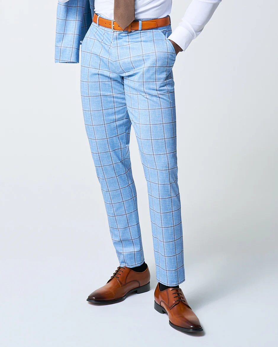 Athletic Fit Stretch Suit Pants - Light Blue and Brown Big Windowpane - Image 2