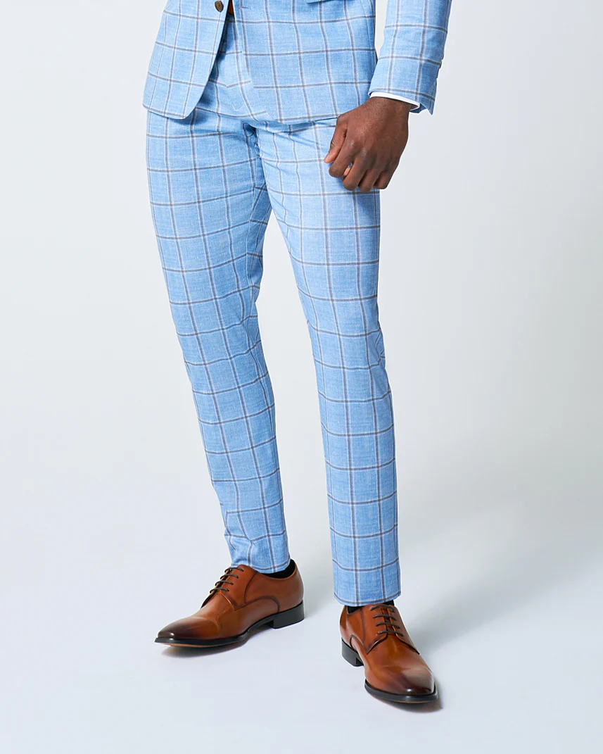 Athletic Fit Stretch Suit Pants - Light Blue and Brown Big Windowpane - Image 3