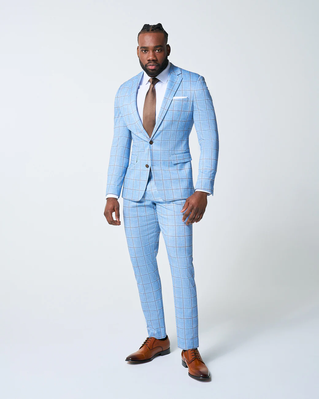 Athletic Fit Stretch Suit Pants - Light Blue and Brown Big Windowpane - Image 4