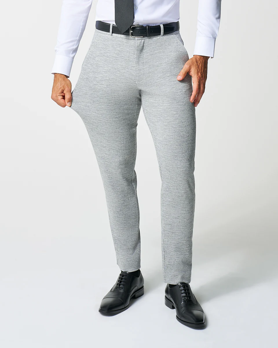 Athletic Fit Stretch Wool Suit Pants - Light Grey with White Mini Stripe - Image 3