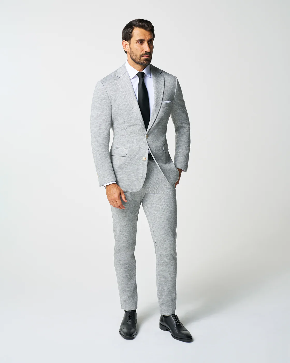 Athletic Fit Stretch Wool Suit Pants - Light Grey with White Mini Stripe - Image 4
