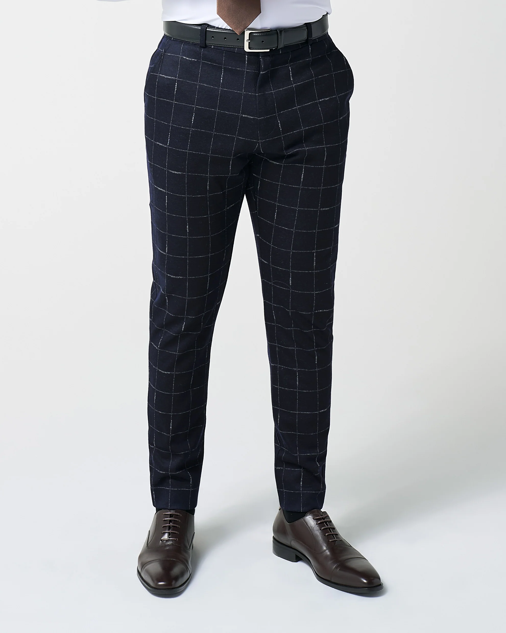 Athletic Fit Stretch Wool Suit Pants - Midnight Navy & Chalk Windowpane - Image 3