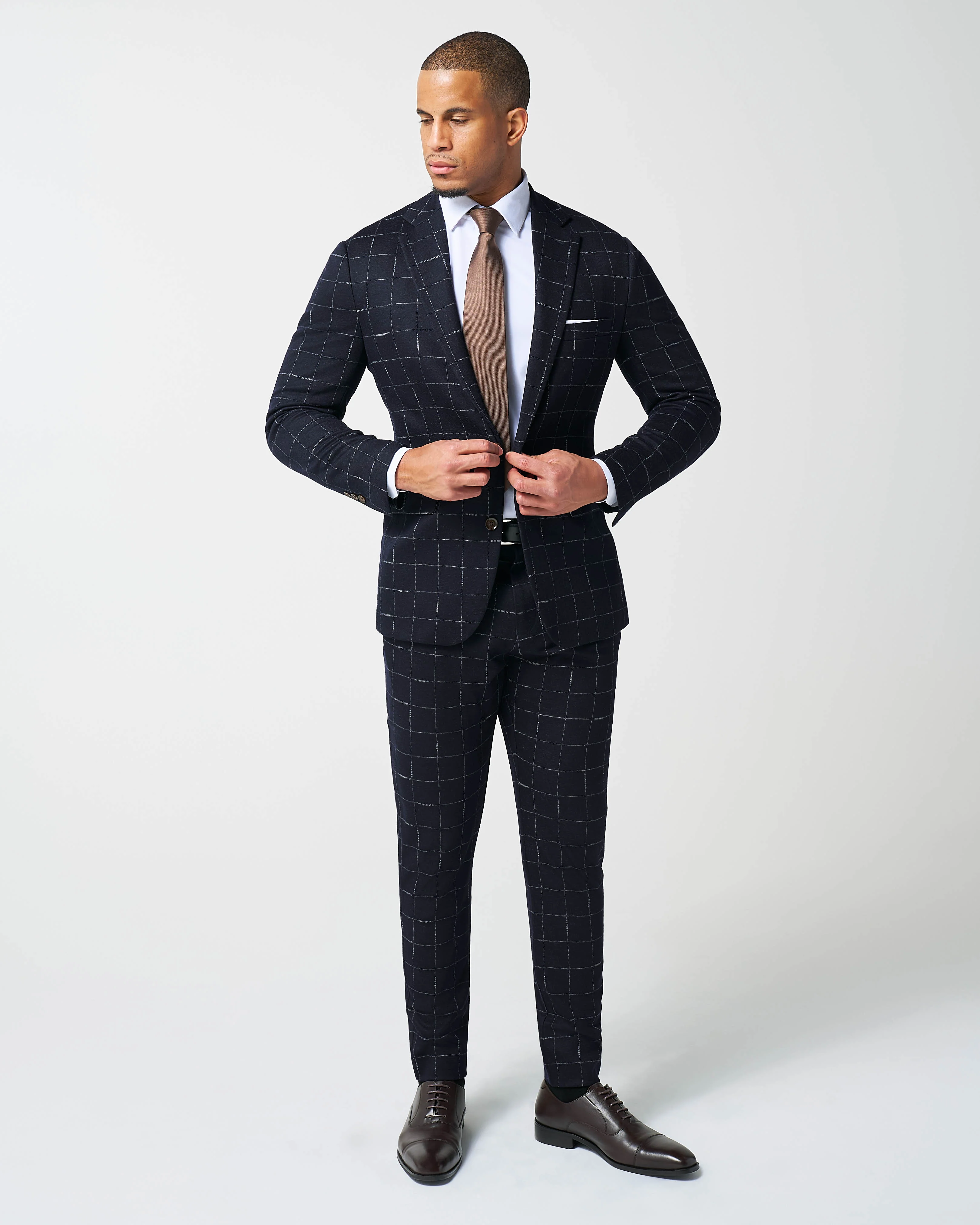 Athletic Fit Stretch Wool Suit Pants - Midnight Navy & Chalk Windowpane - Image 4