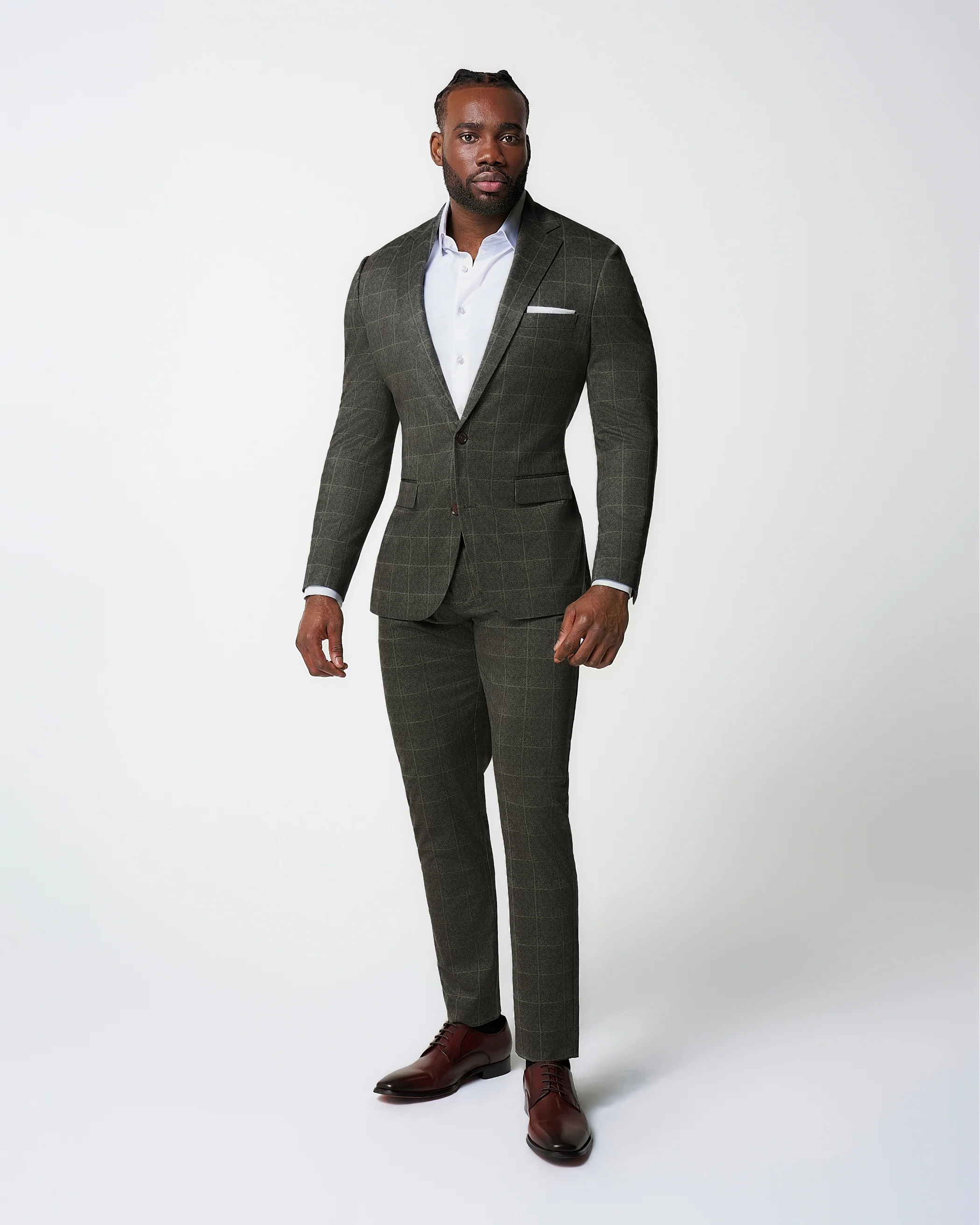 Athletic Fit Stretch Suit Pants - Olive with White Windowpane - Image 3